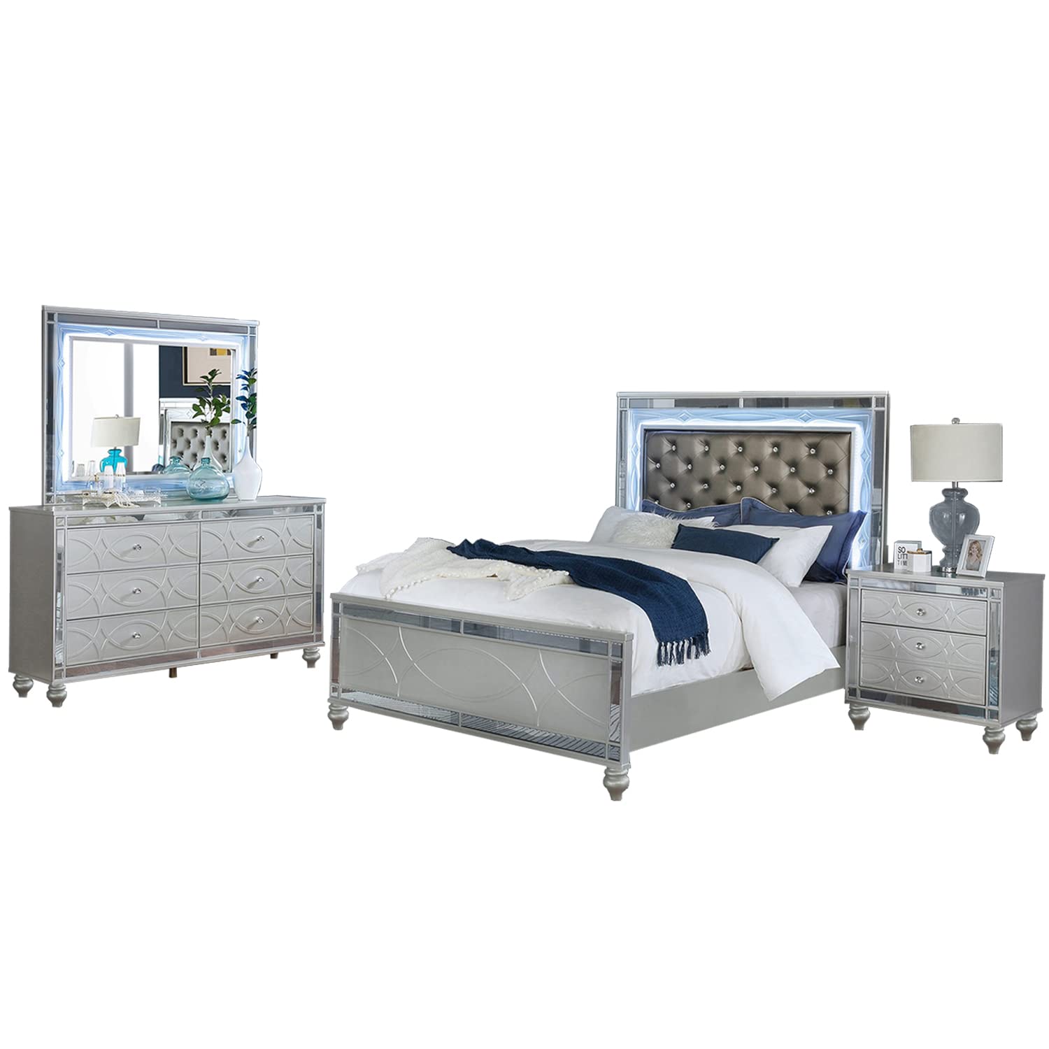 Coaster Gunnison California King Bed 4-Piece Set, Silver Metallic