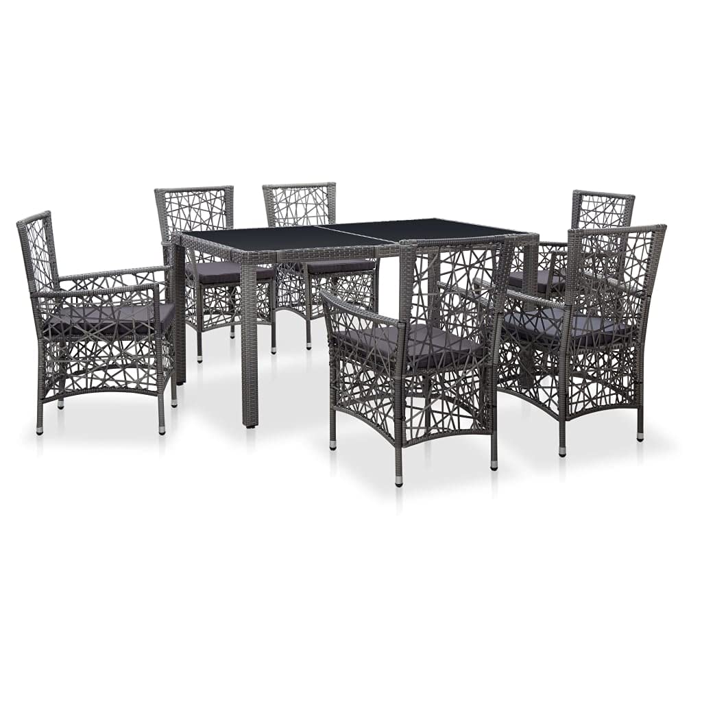 vidaXL Outdoor Dining Set - 7 Piece Poly Rattan Gray Patio Furniture with Tempered Glass Table Top, Removable Cushions, and Unique Open Weave Pattern