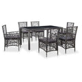 vidaXL Outdoor Dining Set - 7 Piece Poly Rattan Gray Patio Furniture with Tempered Glass Table Top, Removable Cushions, and Unique Open Weave Pattern