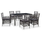 vidaXL Outdoor Dining Set - 7 Piece Poly Rattan Gray Patio Furniture with Tempered Glass Table Top, Removable Cushions, and Unique Open Weave Pattern