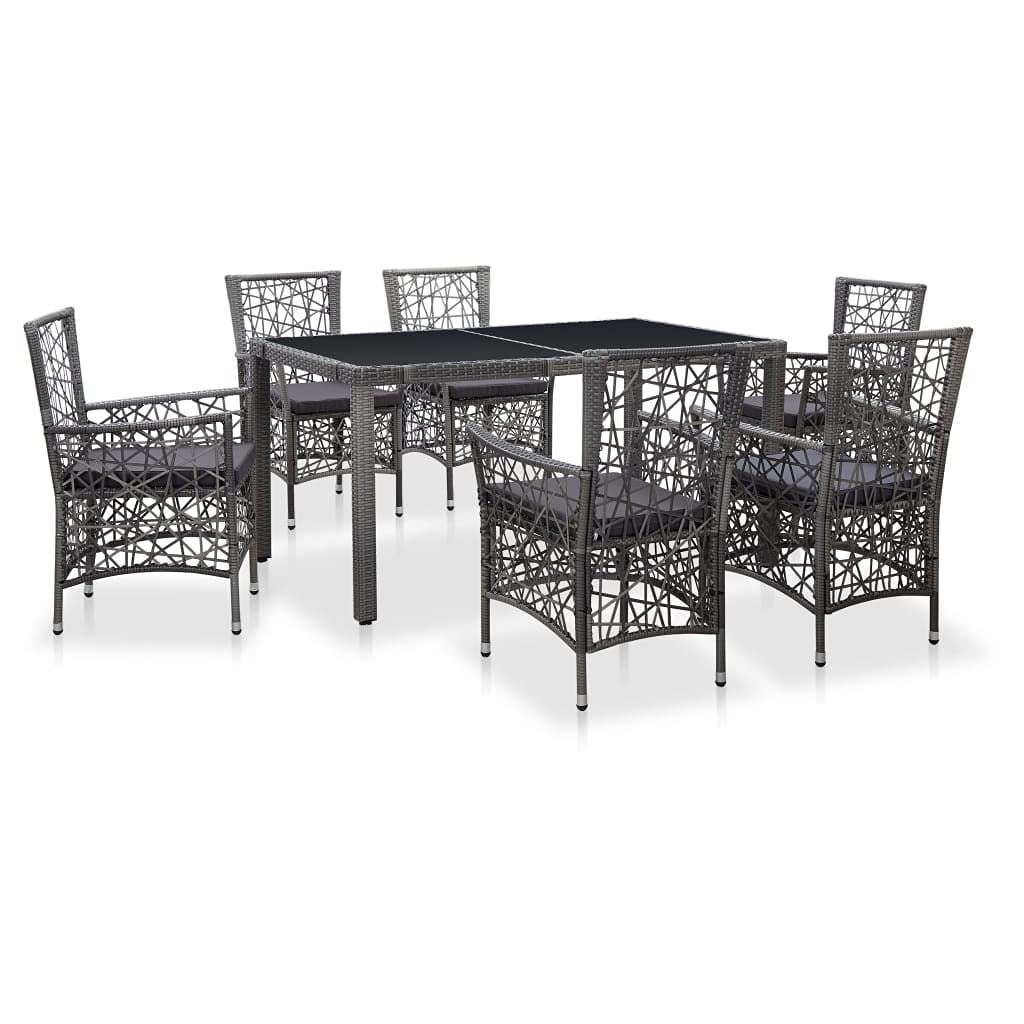 vidaXL Patio Dining Set 7 Piece, Patio Dining Table Set with Glass Tabletop, Rattan Chairs with Cushions, Outdoor Furniture Set, Poly Rattan Gray