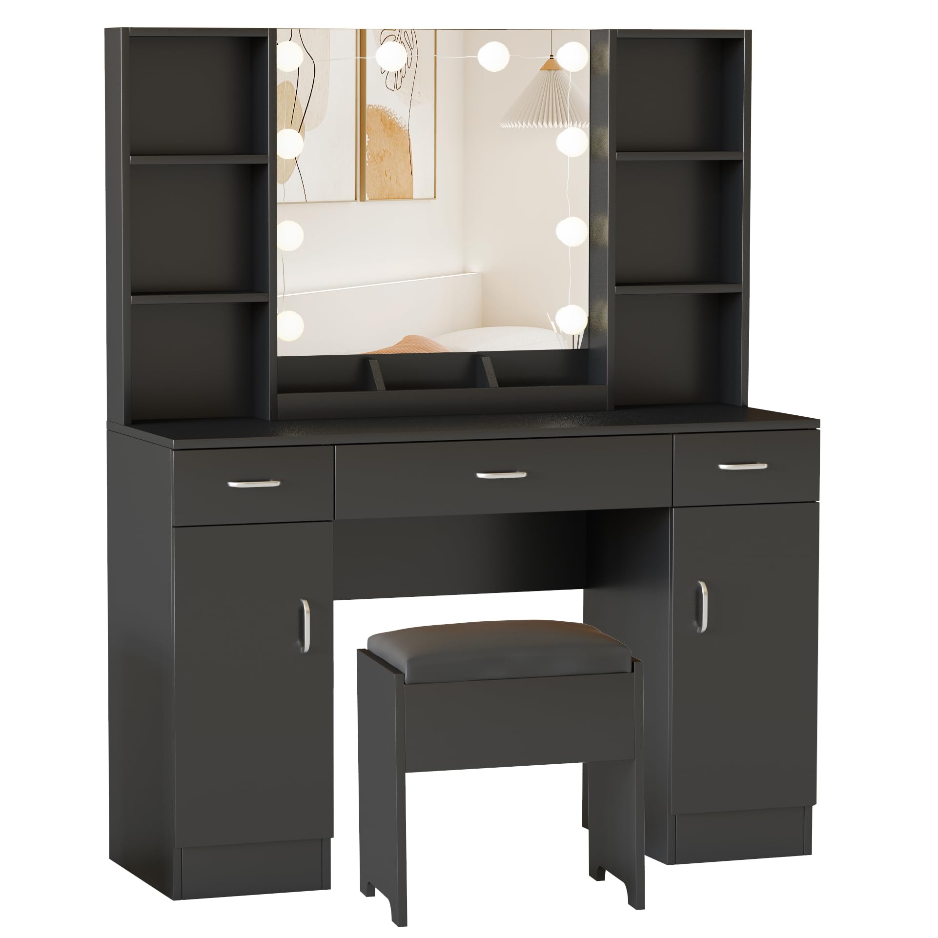Vabches Vanity Desk with Lighted Mirror, Large Makeup Vanity Table Set with 3 Drawers & 2Cabinets, 3 Lighting Modes, Black Dress