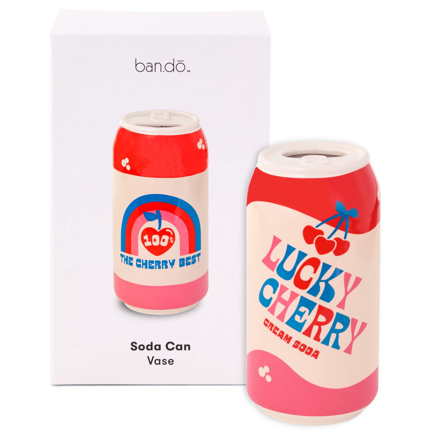 ban.do Small Decorative Vase, Colorful Ceramic Vase, Shelf Decor for Home or Office, Vintage-Inspired Soda Can, Lucky Cherry Cre