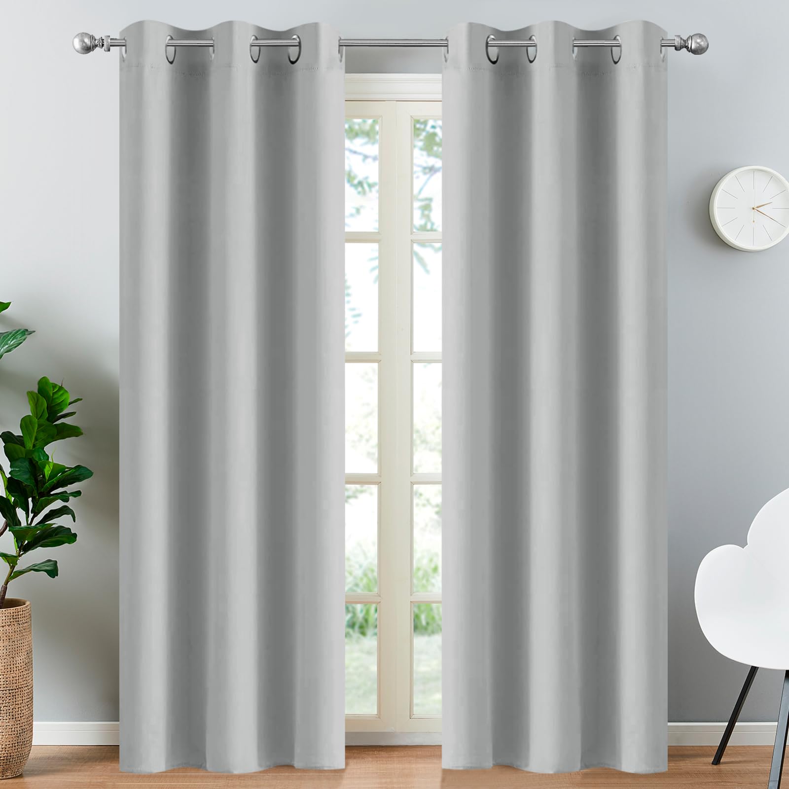 Yakamok Room Darkening Grommet Window Drapes Thermal Insulated Light Blocking Light Grey Blackout Curtains For Bedroom(52Wx90L,L