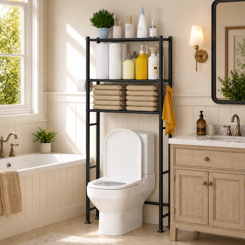 Yutrchey 3Tier Over The Toilet Storage Cabinet with Paper Holder and 4 Hooks, Metal Over Toilet Bathroom Organizer and Storage 