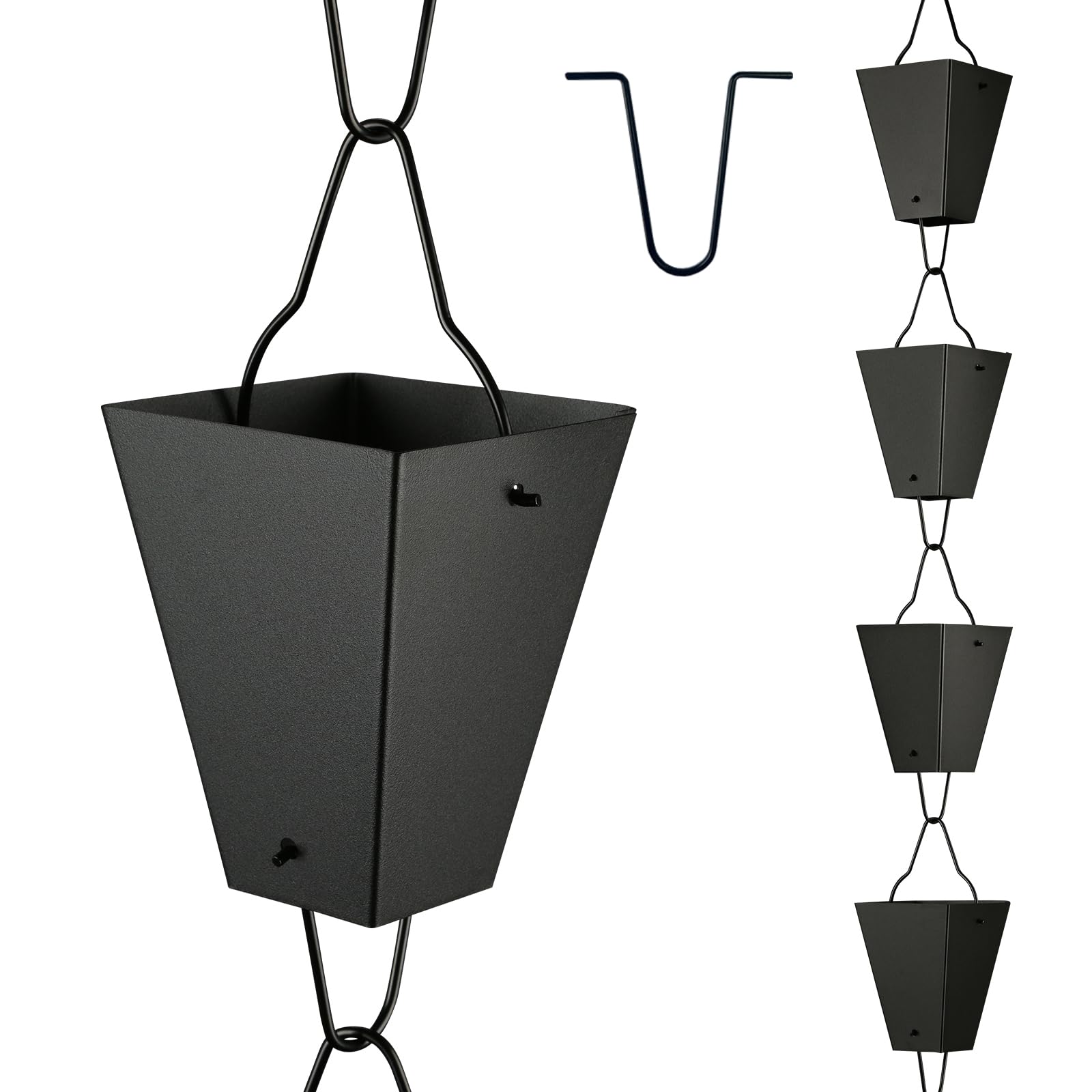 Te Deum Square Link Rain Chain, 8.5 Feet Length, 3.7Inch Big Size Cup, Black Powder Coated, Functional And Decorative Replacemen
