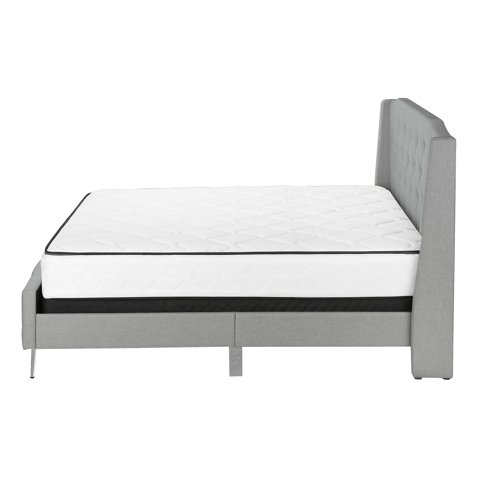 Monarch Specialties I 6045Q Bed, Frame, Platform, Bedroom, Queen Size, Upholstered, Linen Look Fabric, Metal Legs, Grey, Chrome, Contemporary, Modern