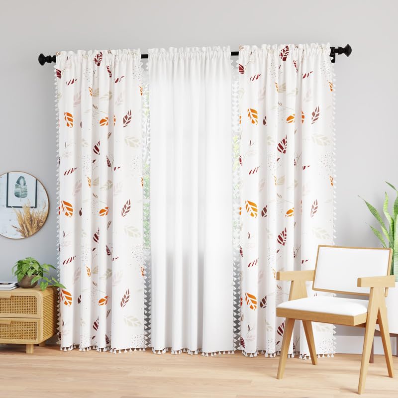 Encasa XO Boho Semi Sheer Curtains for Door in Bedroom & Living Room (Set of 3) Boho Leaves Combo  Curtain with Tassels & Bohe