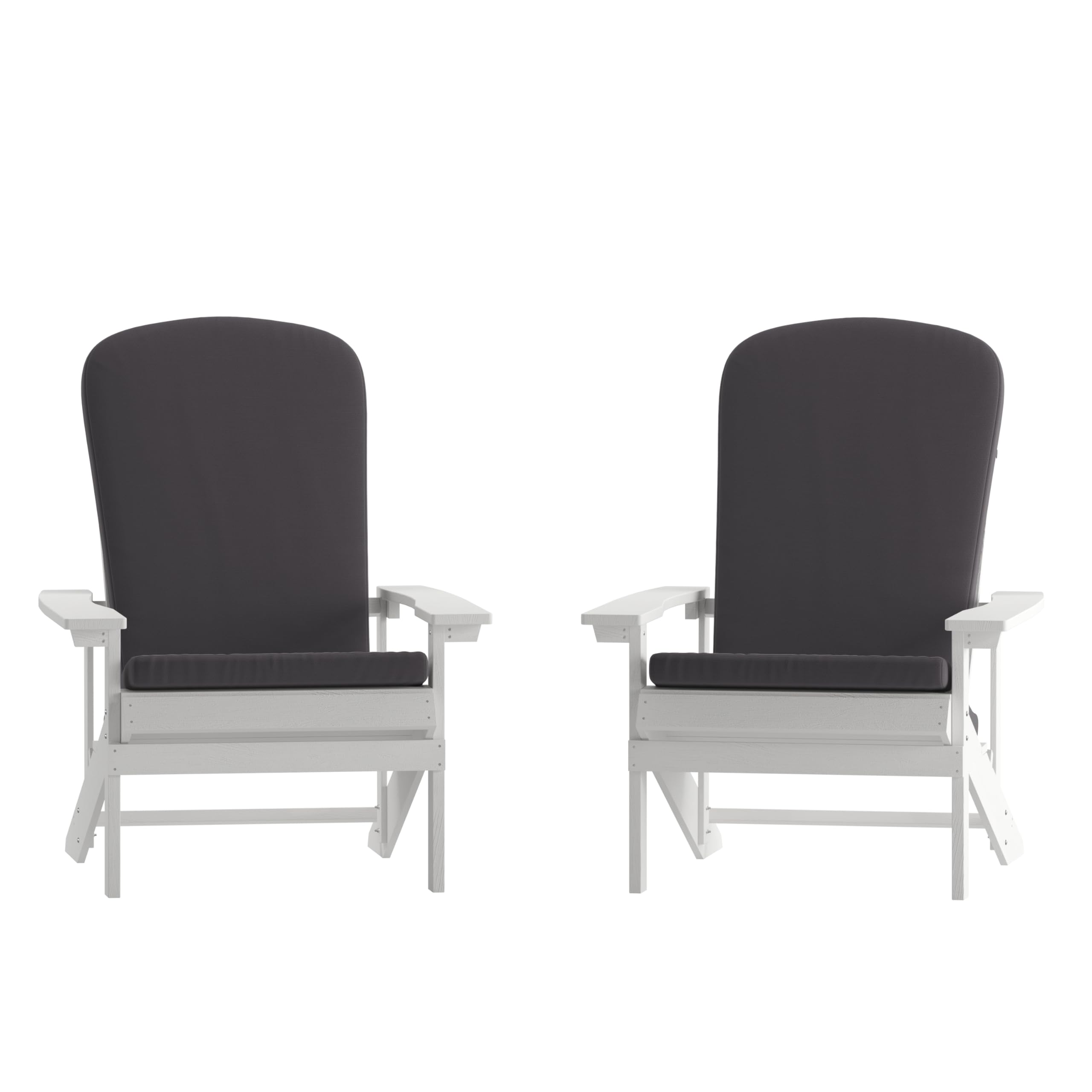 Set of 2 Adirondack Chairs in White with Gray Cushions, Porch, and Patio