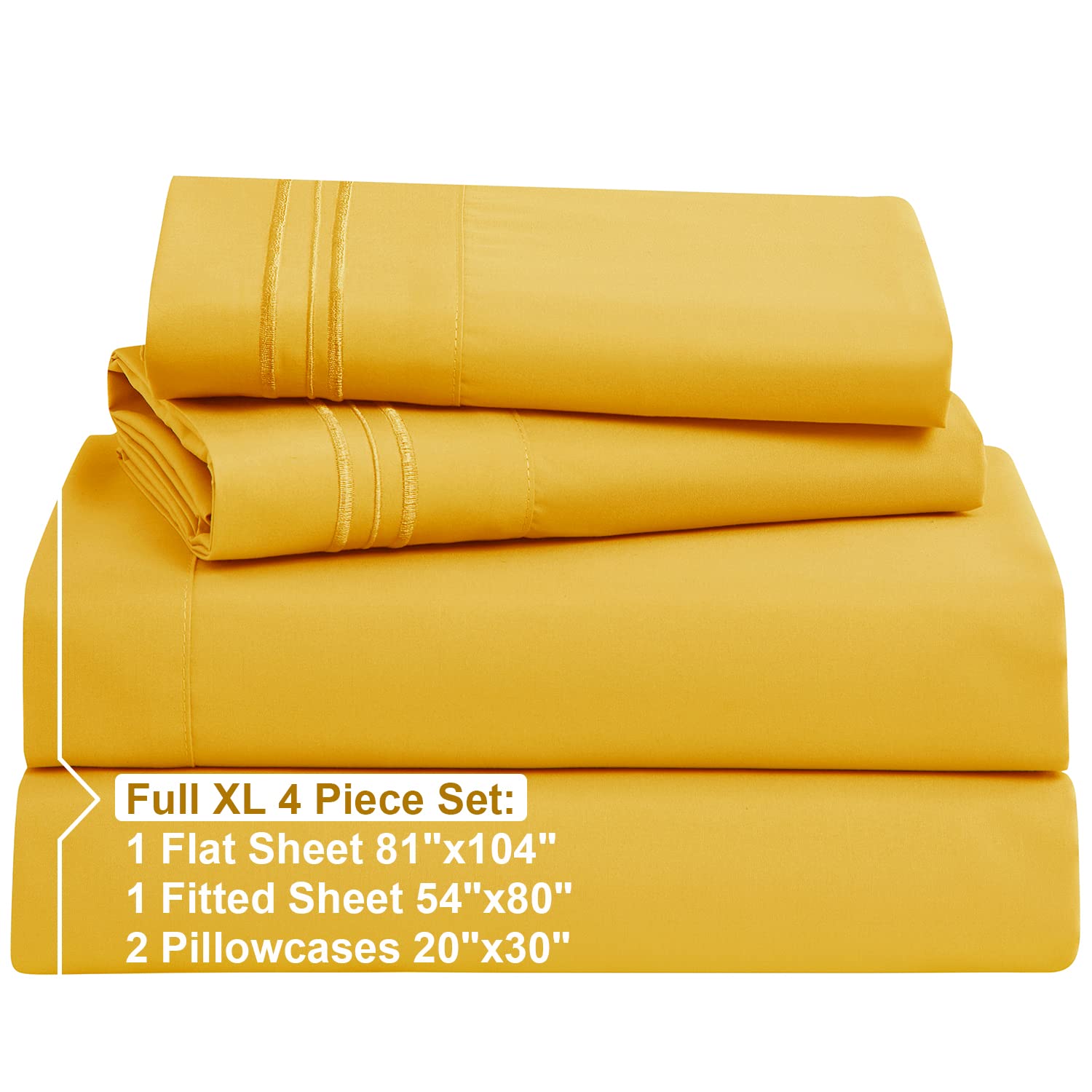Nestl Full Xl Sheets Sets - 4 Piece Full Xl Size Sheets, Double Brushed Yellow Sheets, Hotel Luxury Full Xl Sheet Set, Extra Soft Bedding Sheets & Pillowcases