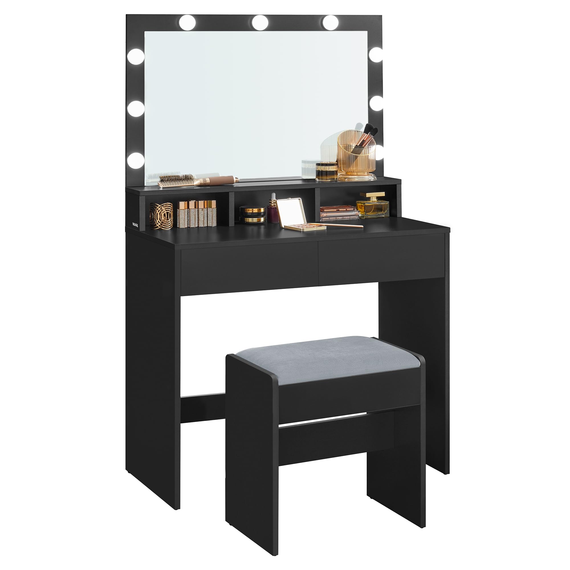 VASAGLE Vanity Desk with Mirror and Lights, Makeup Vanity with Upholstered Vanity Stool, 9 Dimmable LED Lights, 3 Compartments, 