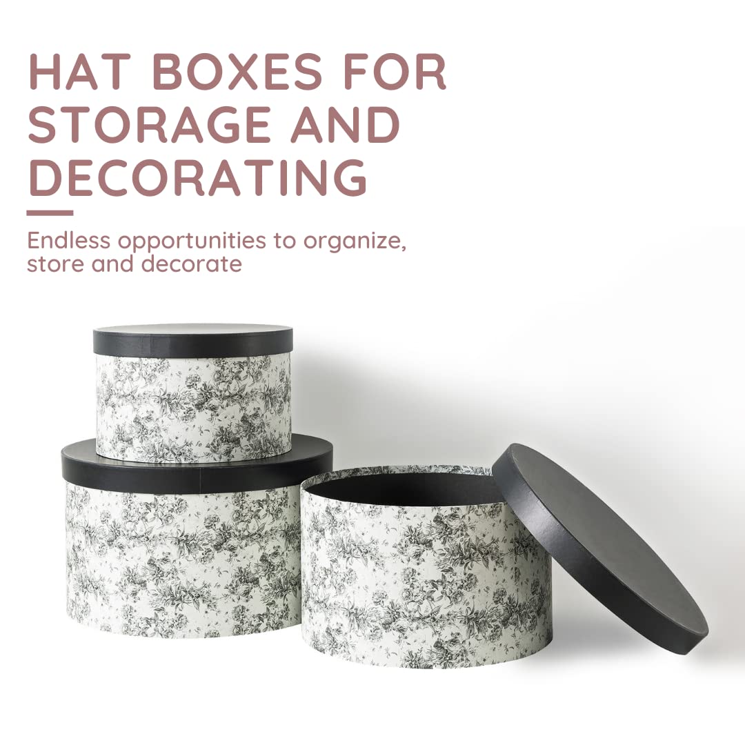 Soul & Lane Floral Hat Round Boxes With Lids - Set Of 3: Nesting Cardboard Hat Storage, Large Black Print Hat Cases, Round Decor