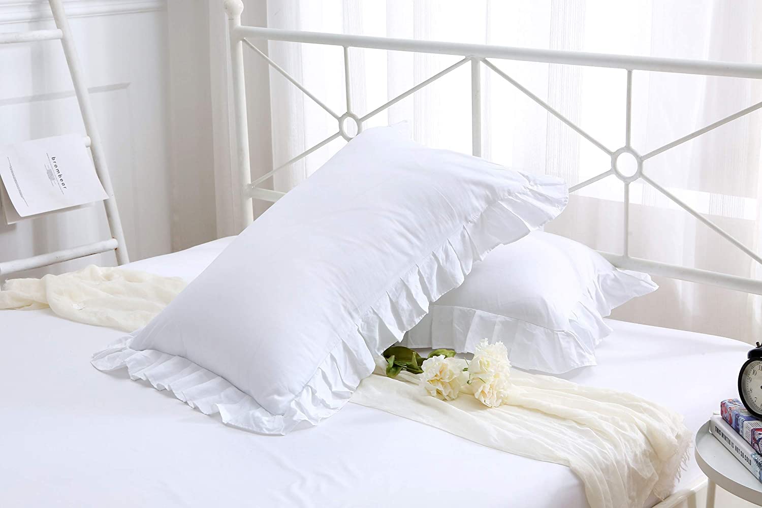 Precious Star Linen White Edge Ruffle European 26X26 Inch Pillow Shams Long-Staple Egyptian Cotton Hotel Class Bedding Set Of 2