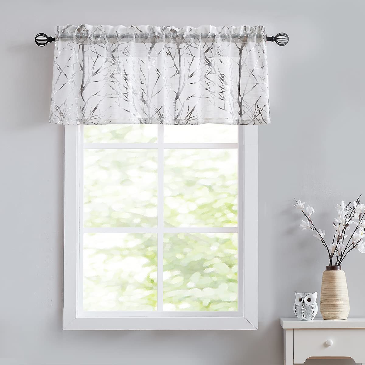 Fmfunctex Foil Silver Branch White Sheer Valance Curtain For Living Room Window Top 18' Light Filter Valance Curtain For Bathro
