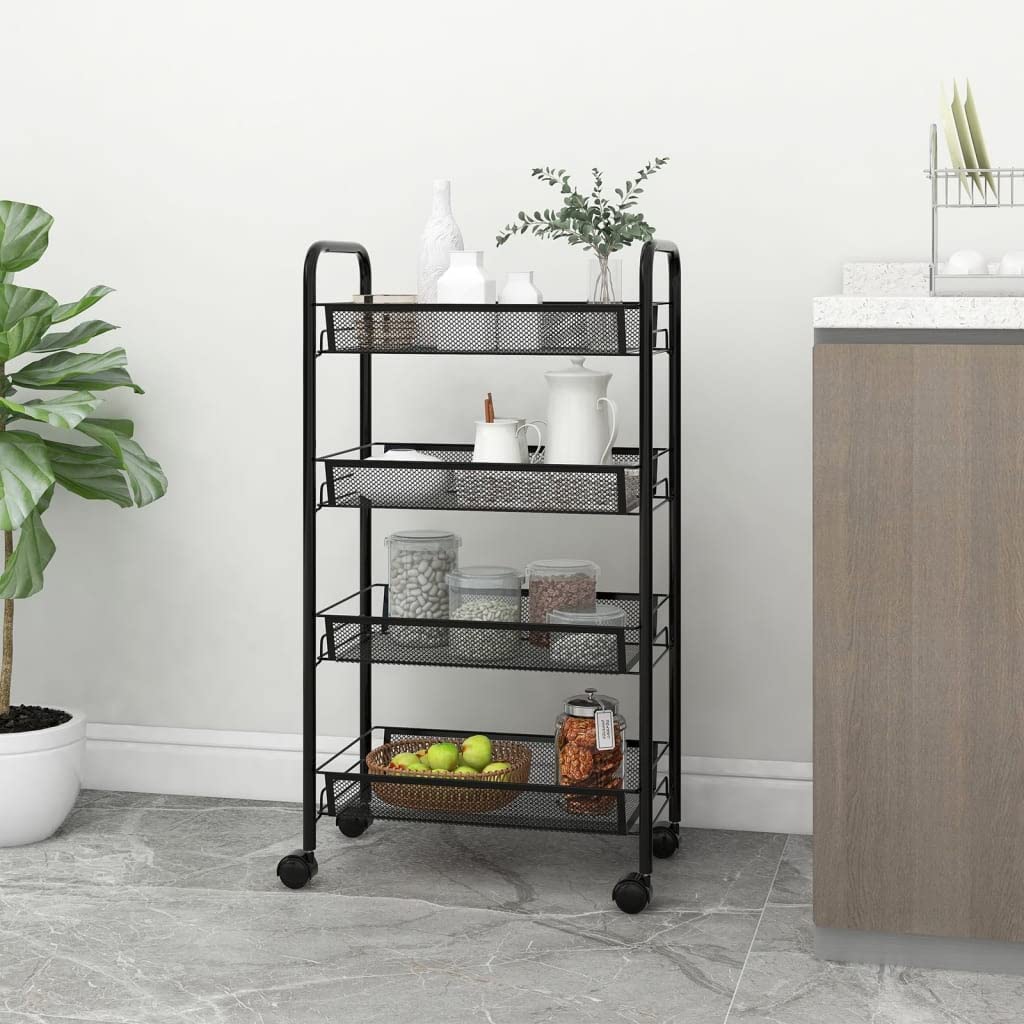 vidaXL Black Iron Kitchen Trolley with 4 Tiers - Space Saving Organizer with Removable Mesh Baskets and Braked Wheels