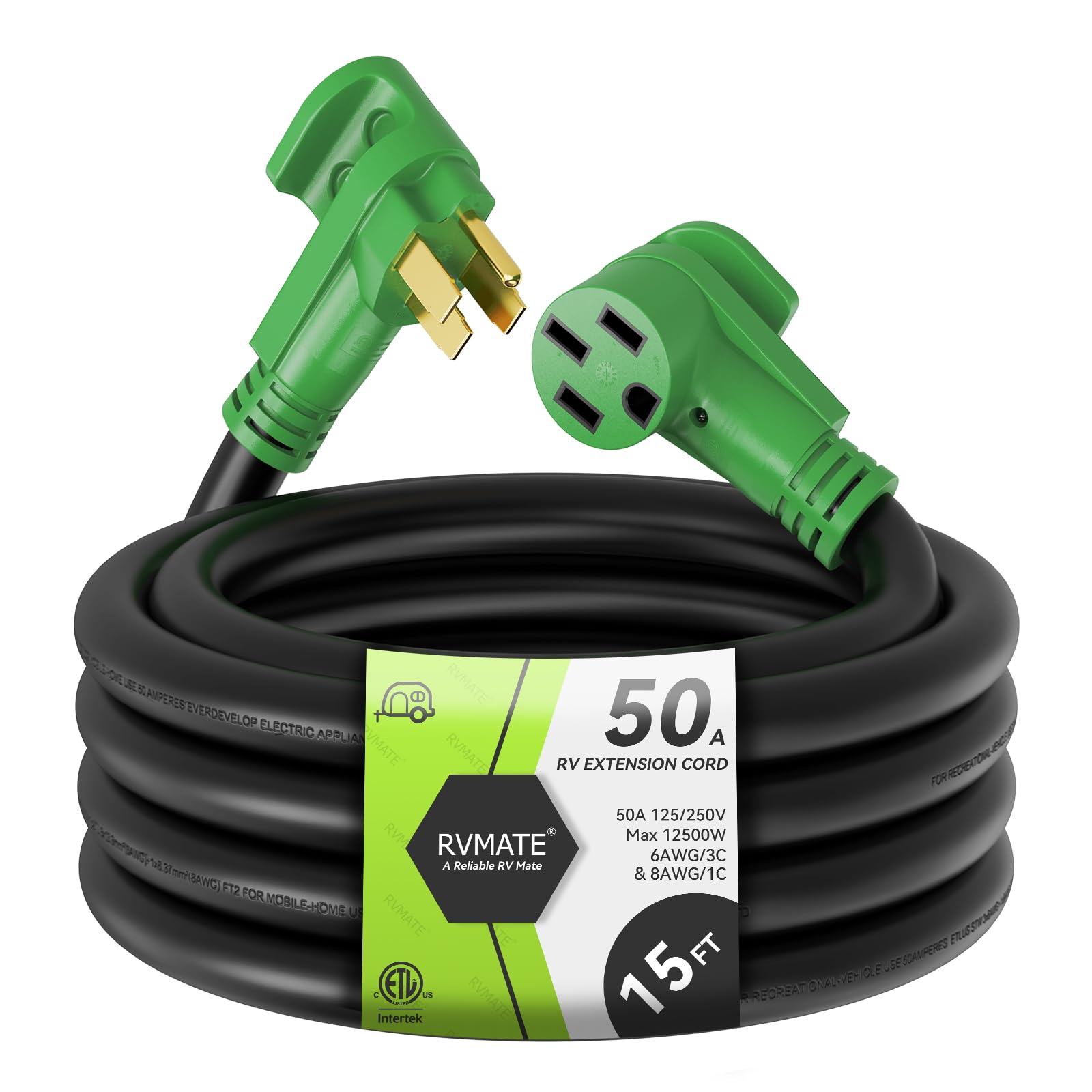 Rvmate 50 Amp 15 Feet Rv/Ev Extension Cord, Easy Plug In Handle, 14-50P To 14-50R With Led Indicator, Etl Listed, Come W/Storage