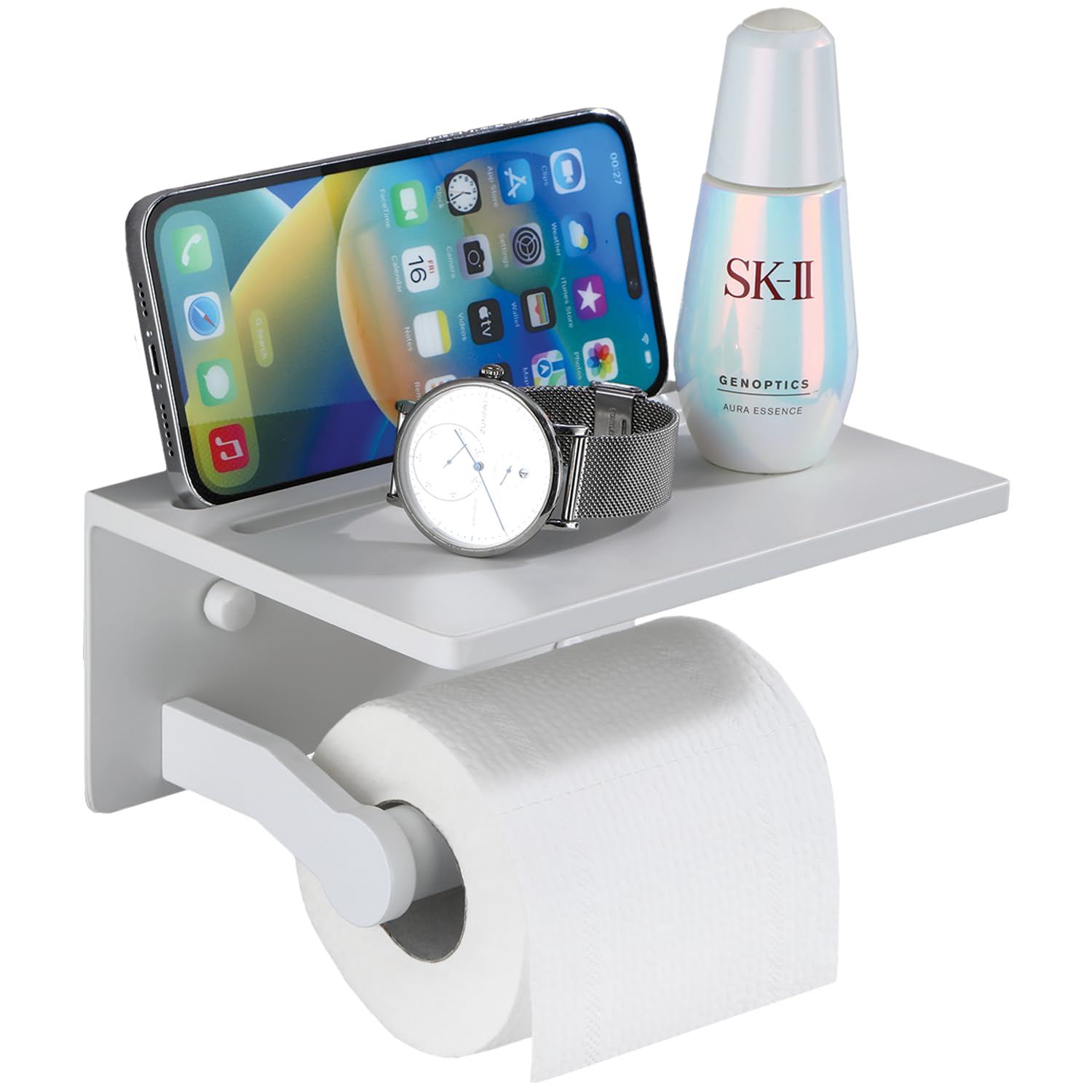 Homely Trove Toilet Paper Holder with Phone Shelf - Tissue Roll Holder Bathroom Storage Dispenser - Adhesive Toilet Paper Holder
