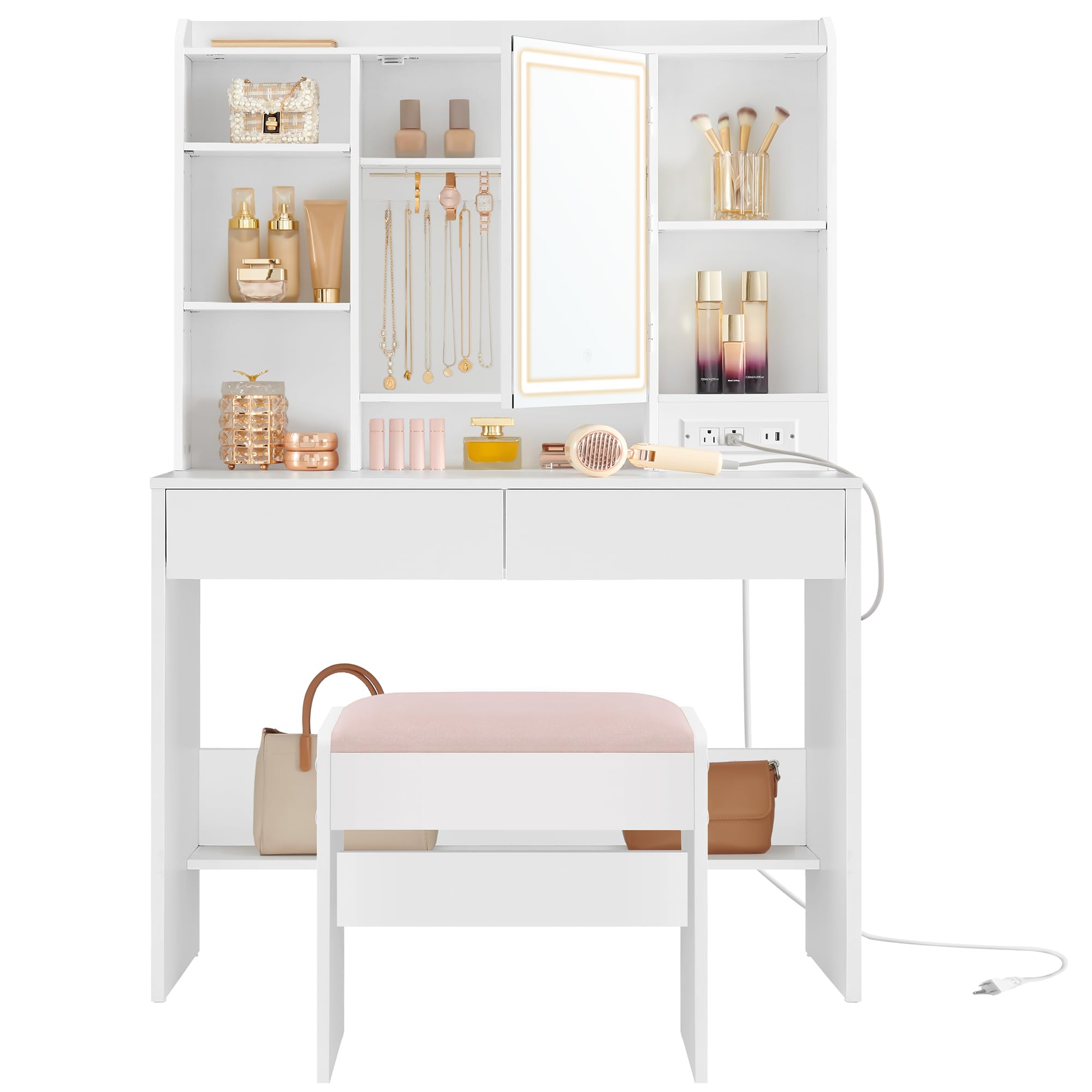 VASAGLE Vanity Desk with Power Outlets, Makeup Vanity with Mirror and Lights, Upholstered Vanity Stool, Dimmable LED Lights, 6 C