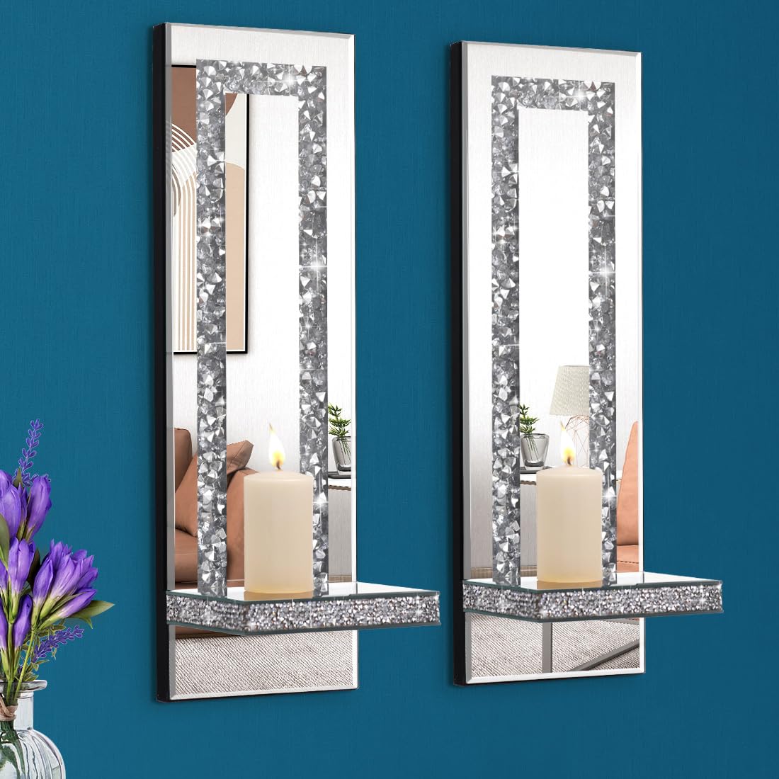 Aeveco Crystal Crush Diamond Mirrored Candle Sconces, Silver Wall Candle Holder Set of 2, Wall Decorations for Living Room,Dinin