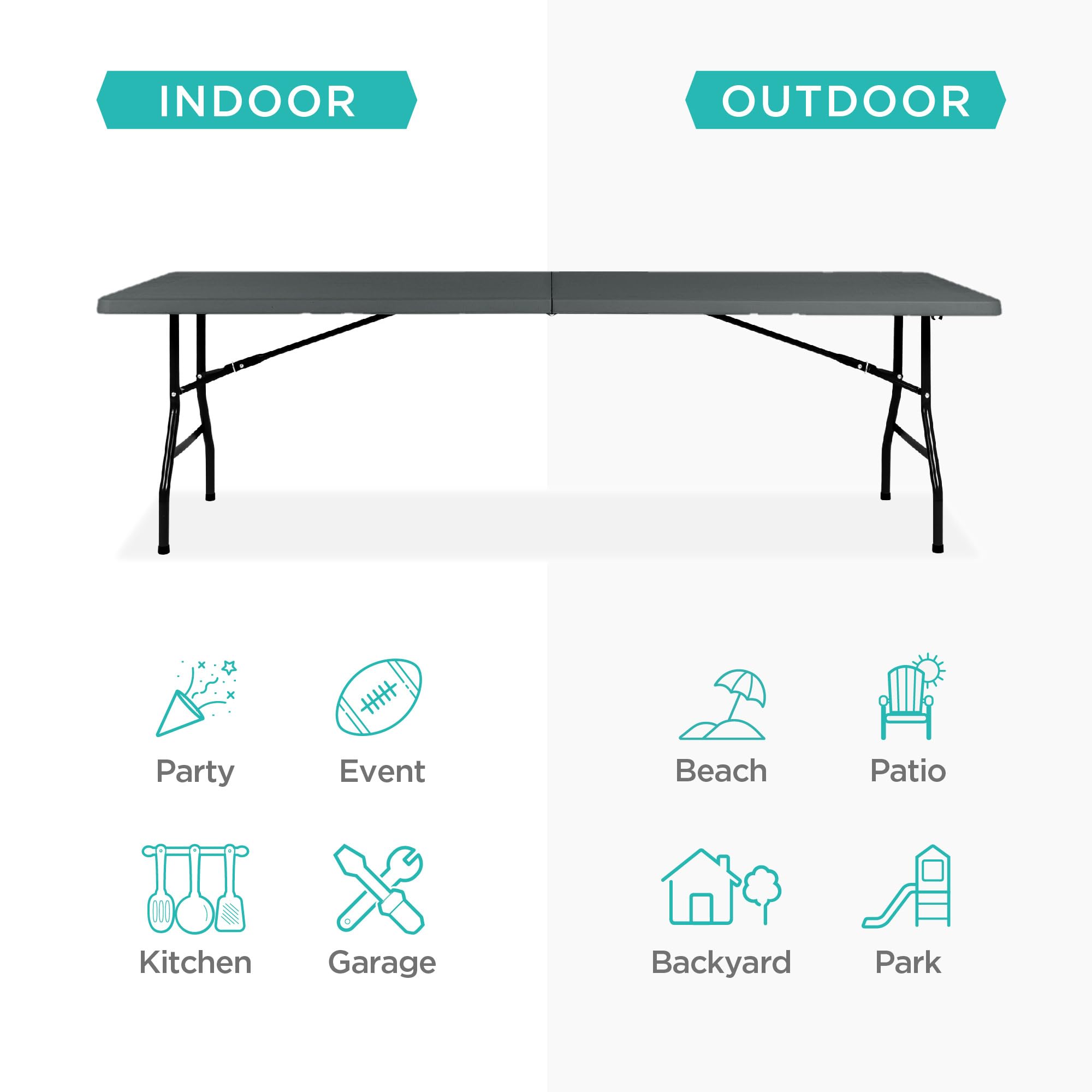 Best Choice Products 8Ft Plastic Folding Table, Indoor Outdoor Heavy Duty Portable W/Handle, Lock For Picnic, Party, Pong, Camping - Dark Gray