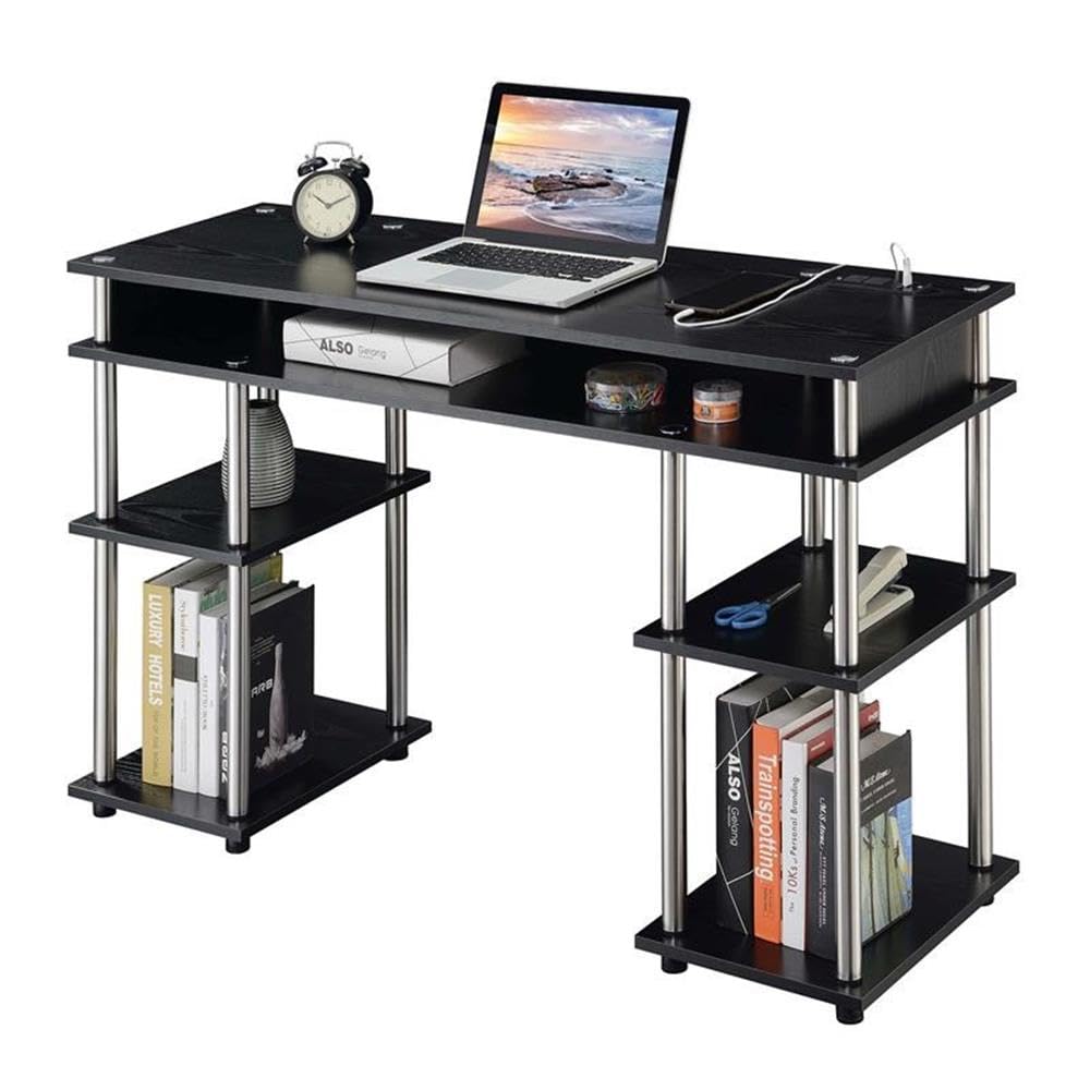 Convenience Concepts Designs2Go Tools Student Desk with Charging Station and Shelves, 47.25 L x 15.75 W x 30 H, Black