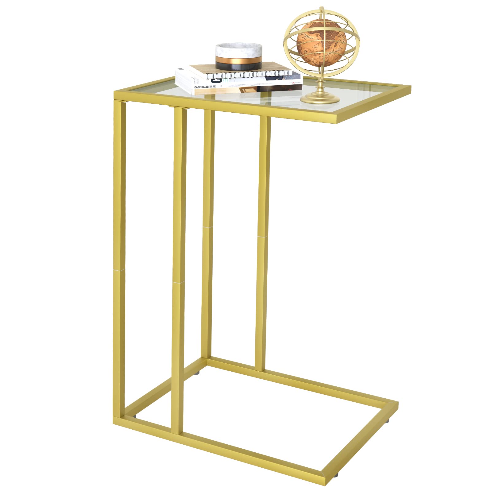 Easy Paws C Shaped Glass End Table, Small Gold Sofa Side Table, Narrow Snack Side Table with Metal Frame &Tempered Glass, TV Tra