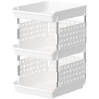 Lifewit Plastic Stackable Storage Baskets, 3 Tier Stacking Bins For Closet Wardrobe, Playroom, Kitchen And Pantry Organization, Large Capacity Multi-Functional Storage Containers Shelves, White