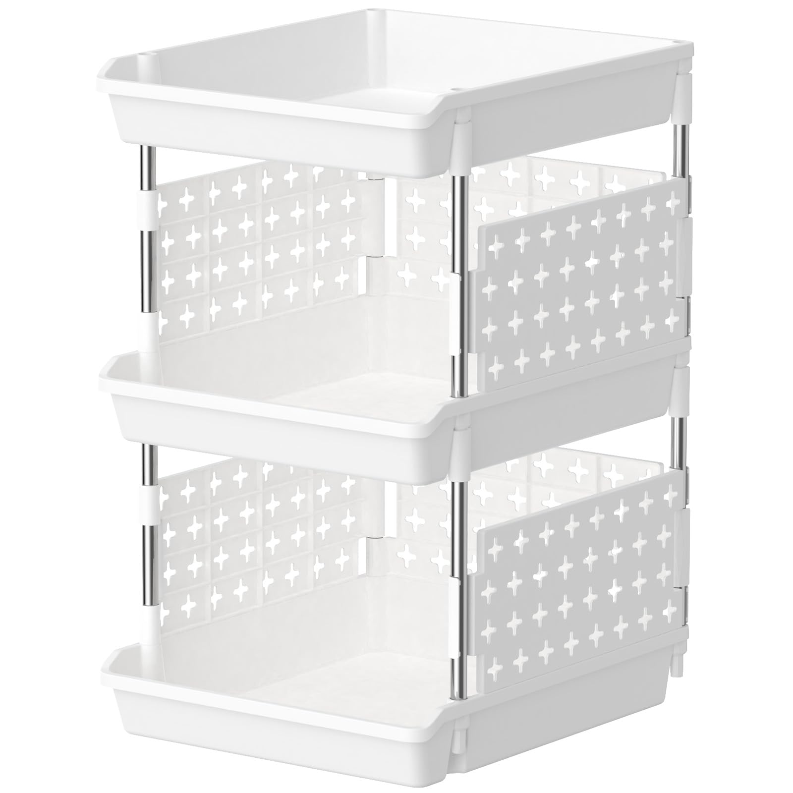 Lifewit Plastic Stackable Storage Baskets, 3 Tier Stacking Bins For Closet Wardrobe, Playroom, Kitchen And Pantry Organization, Large Capacity Multi-Functional Storage Containers Shelves, White