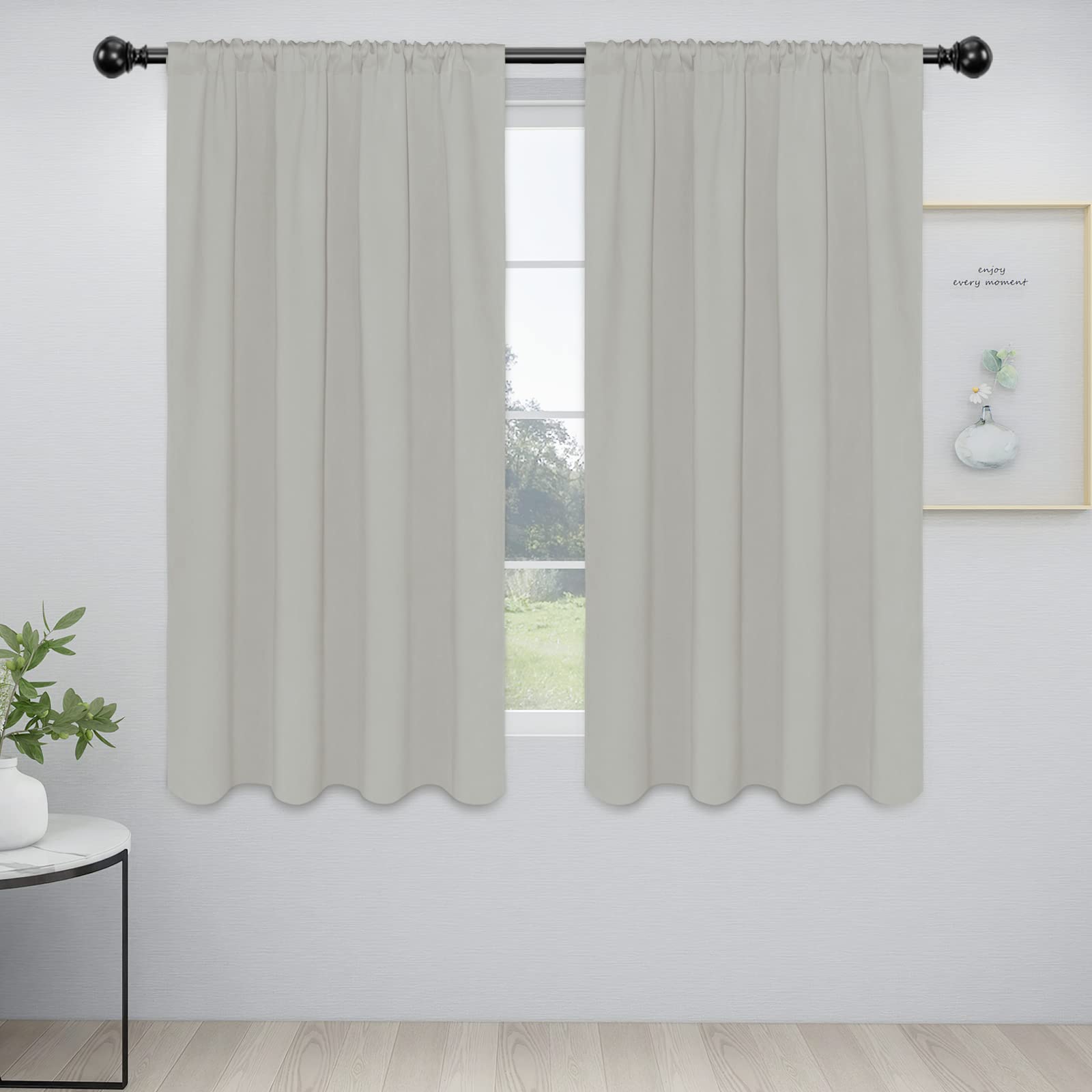 Easy-Going Rod Pocket Blackout Curtains For Bedroom, Room Darkening Window Curtains For Living Room, Thermal Insulated Noise Reduction Solid Window Drapes, 2 Panels(42X63 In, Greyish White)