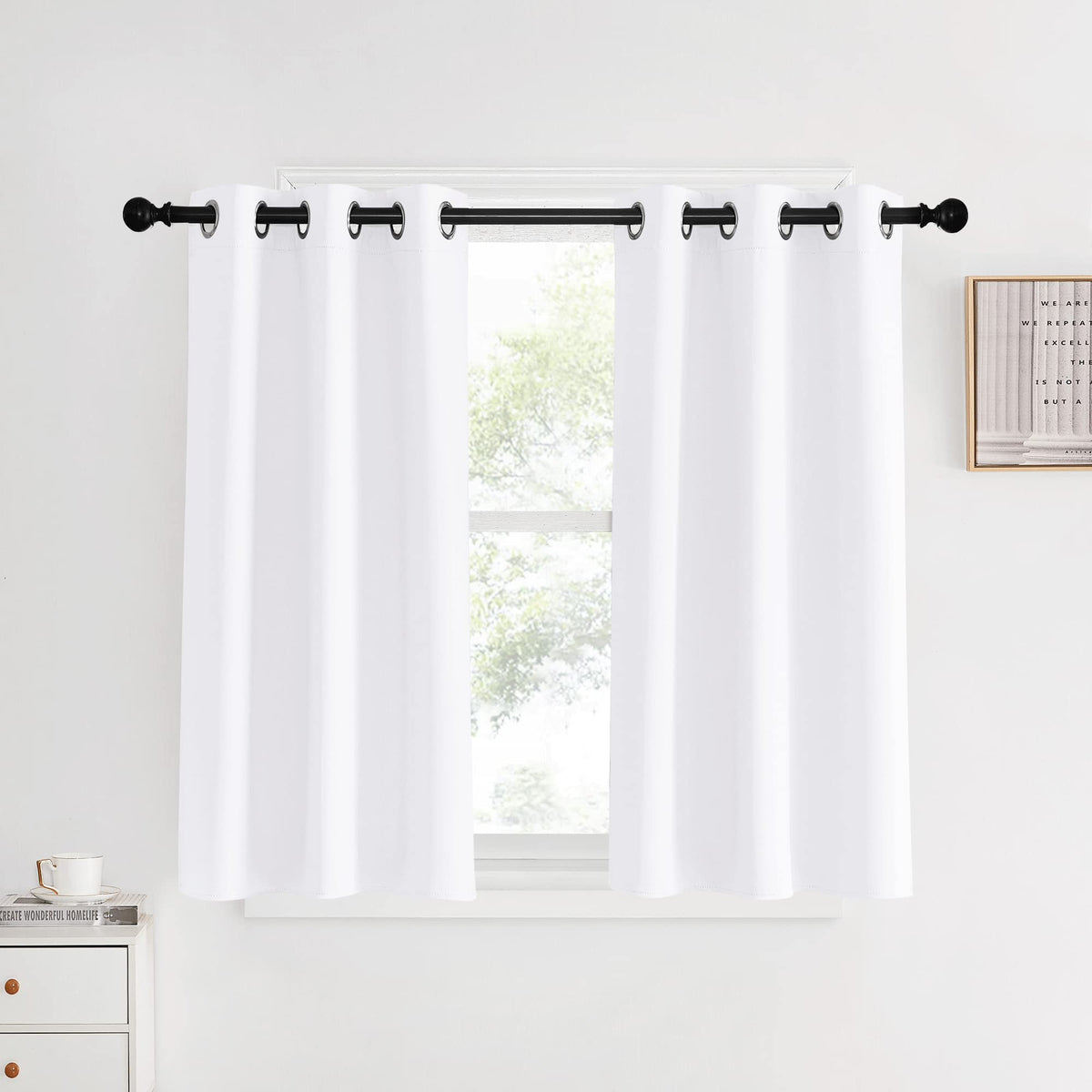 Nicetown White Short Window Curtains 40 Inch Long For Windows, White, W34, 1 Pair, Solid Grommet 50% Light Reducing Thermal Insu
