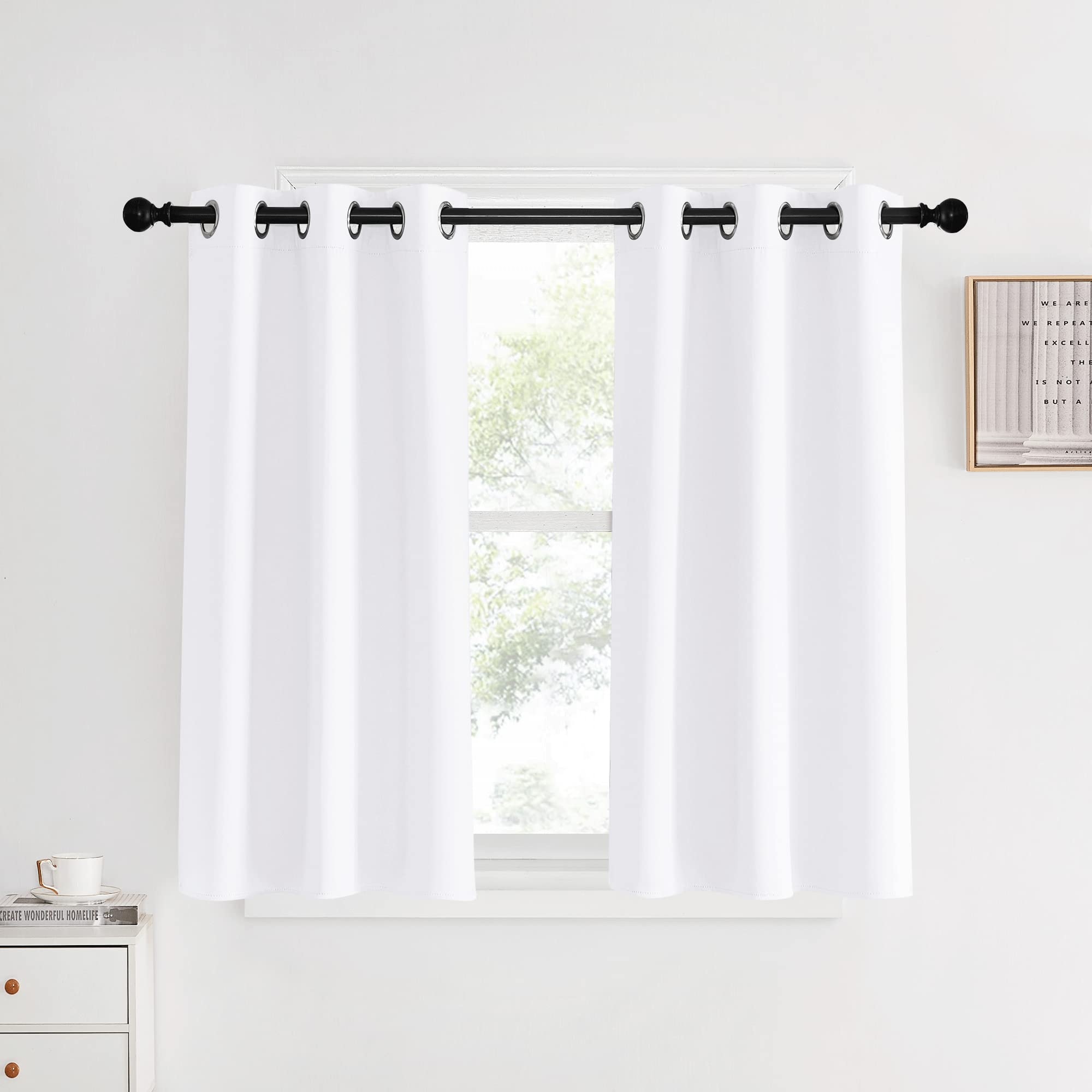 Nicetown White Short Window Curtains 40 Inch Long For Windows, White, W34, 1 Pair, Solid Grommet 50% Light Reducing Thermal Insu