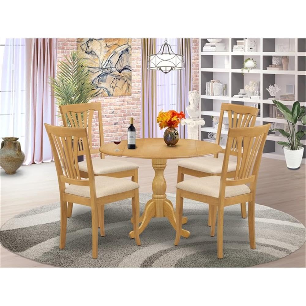 East West Furniture DMAV5-OAK-C 5 Piece Kitchen Table Set for 4 Includes a Round Dining Table with Dropleaf and 4 Linen Fabric Dining Room Chairs, 42x42 Inch, Oak