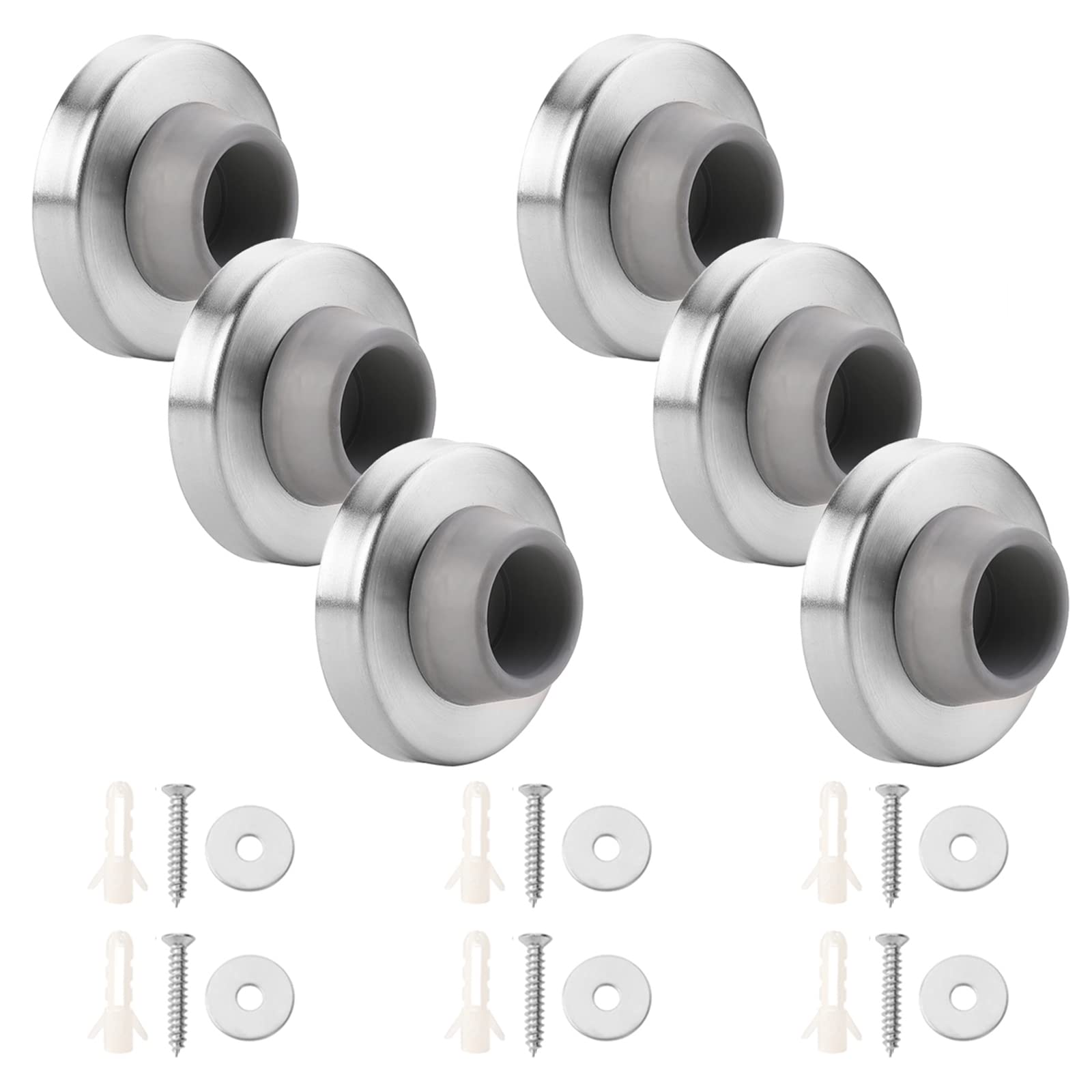 6Pcs Concave Wall Door Bumper Stop Gray Rubber Wall Mount Door Stoppers Silver Stainless Round Door Knb Stop Protector Prevent D