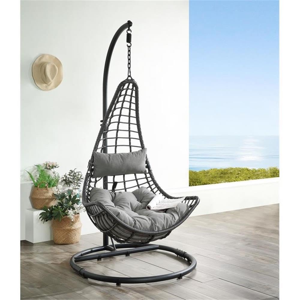 ACME Uzae Wicker Patio Hanging Chair with Metal Stand in Gray and Charcoal