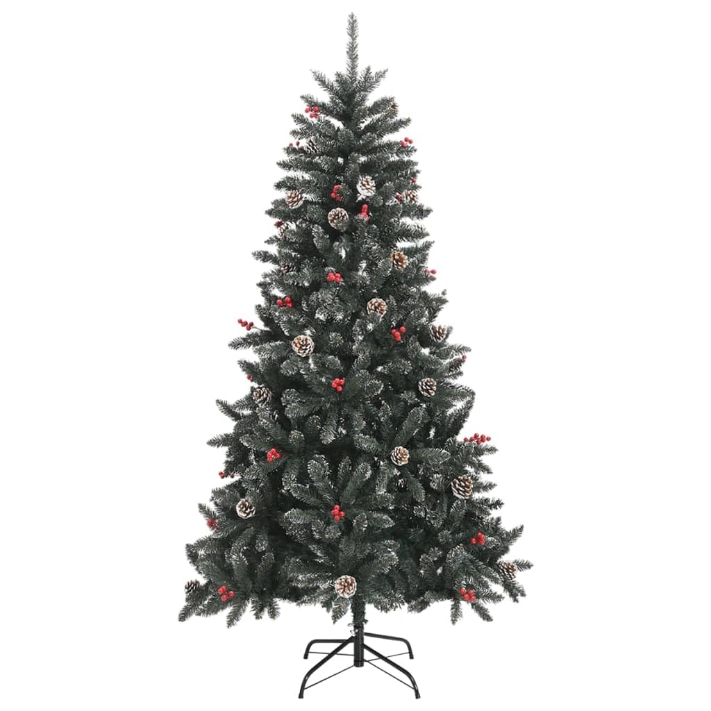 vidaXL Artificial Christmas Tree with Stand – Lifelike Faux Tree – Hinged Construction for Easy Setup – 70.9&quot; Tall – Decorated with Cones, Berries & Snow - Green and White, PVC, Steel