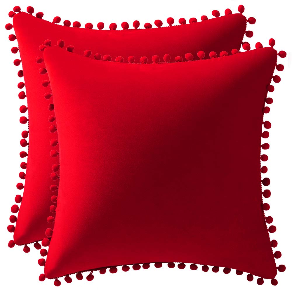 Dezene Throw Pillow Covers 20X20 Red: 2 Pack Cozy Soft Pom-Poms Velvet Square Decorative Pillow Cases For Farmhouse Home Decor
