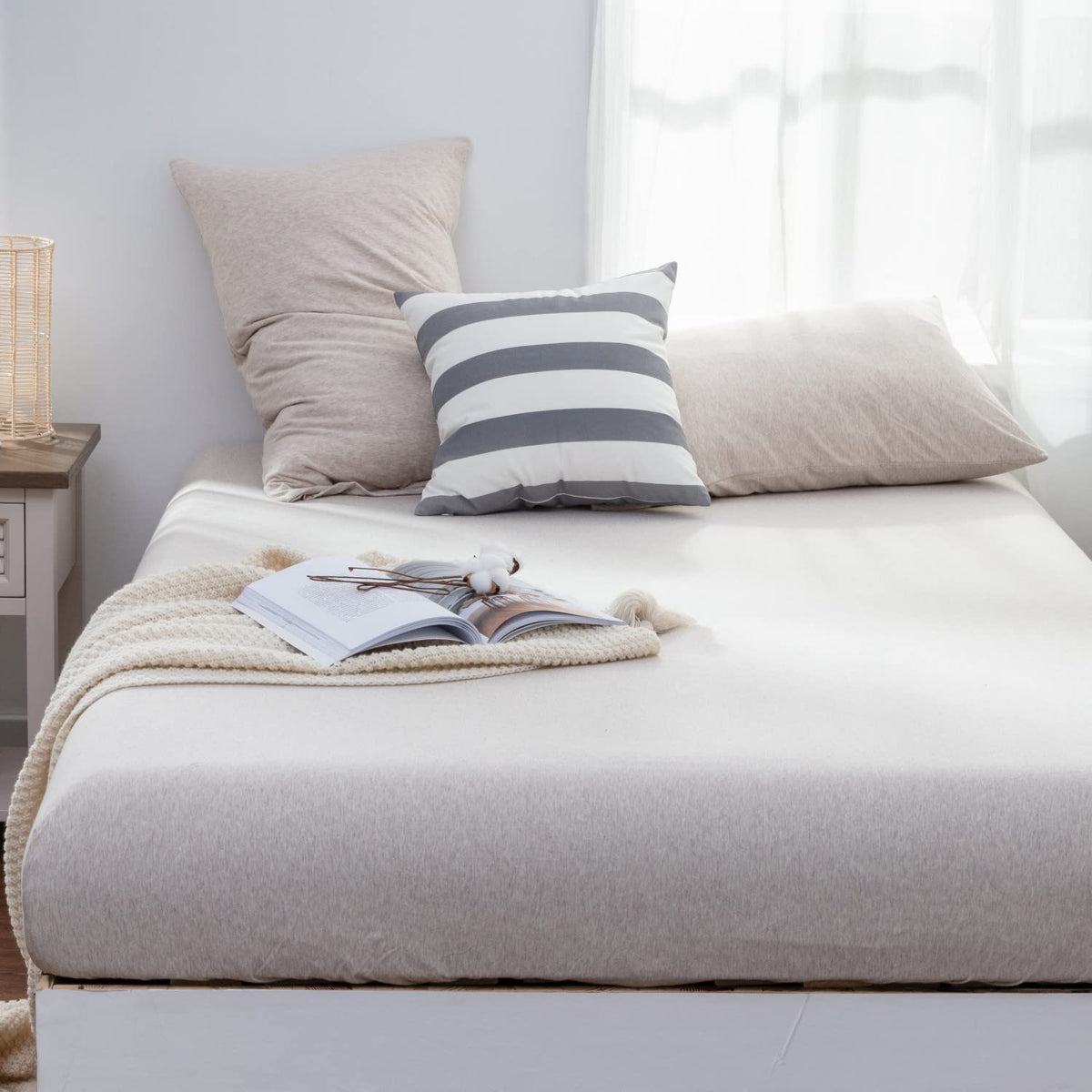 Lifetown 100% Jersey Knit Cotton Sheet, Extra Deep Pocket Sheet, 1 Fitted Sheet With 2 Pillowcases, Wrinkle-Free Ultra Soft (Bei