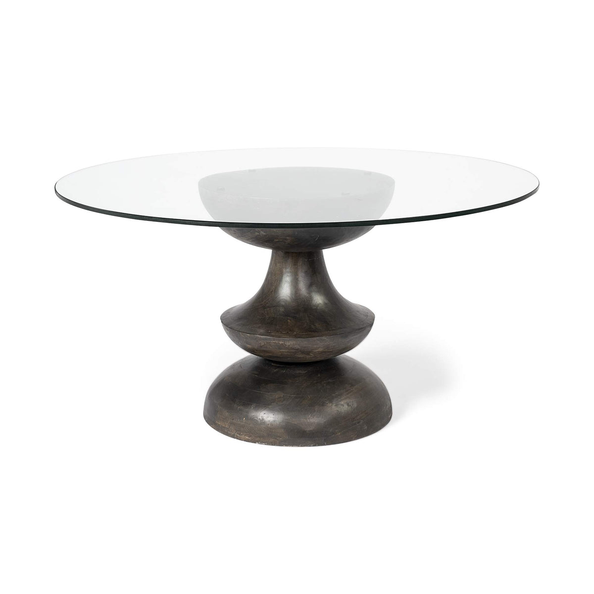 HomeRoots 60' Round Glass Top Brown Wood with Pedestal Base Dining Table