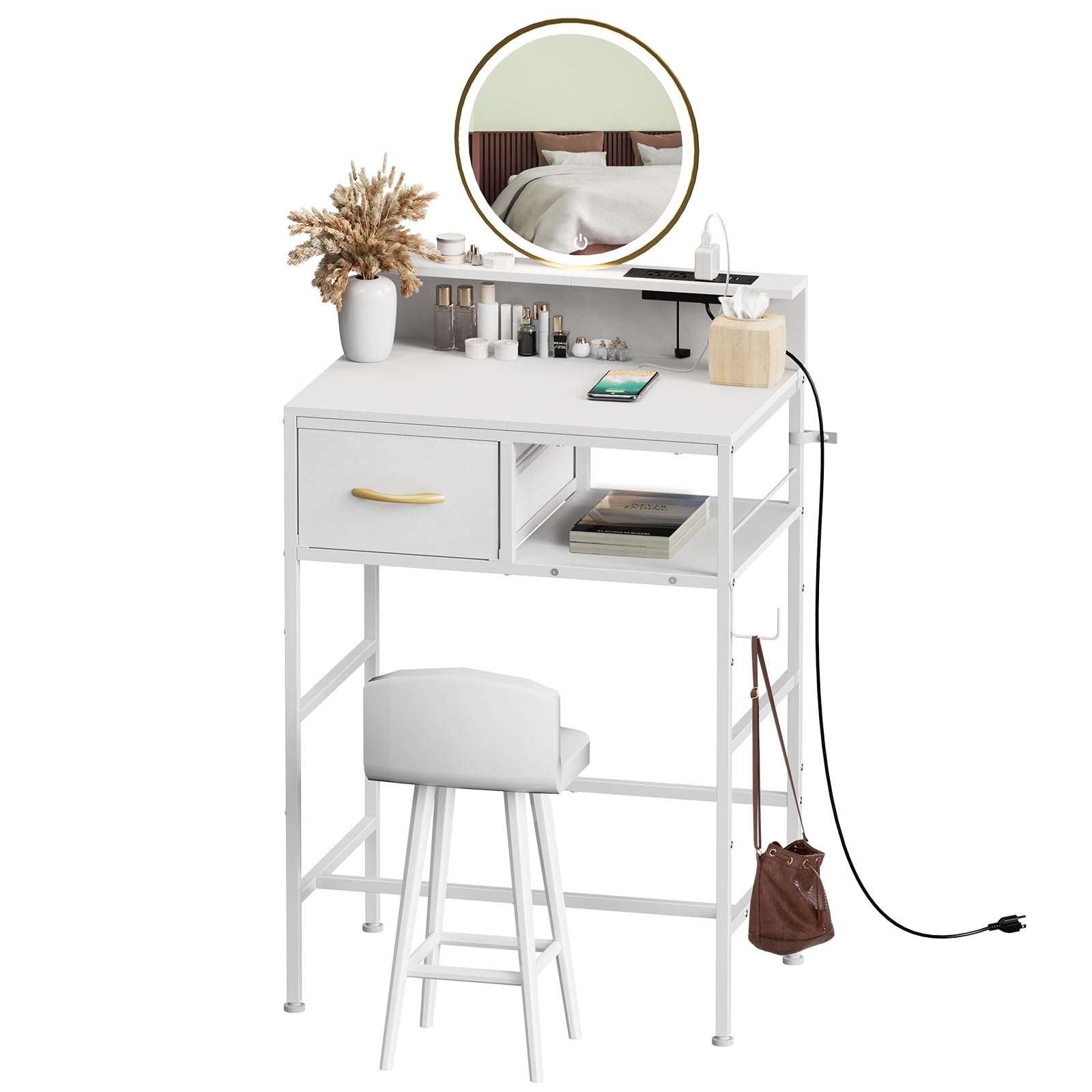 DAMEING Small Vanity Desk No Mirror, Makeup Vanity Table with Fabric Drawers and Hook, Simple Home Office Computer Desk with Pow