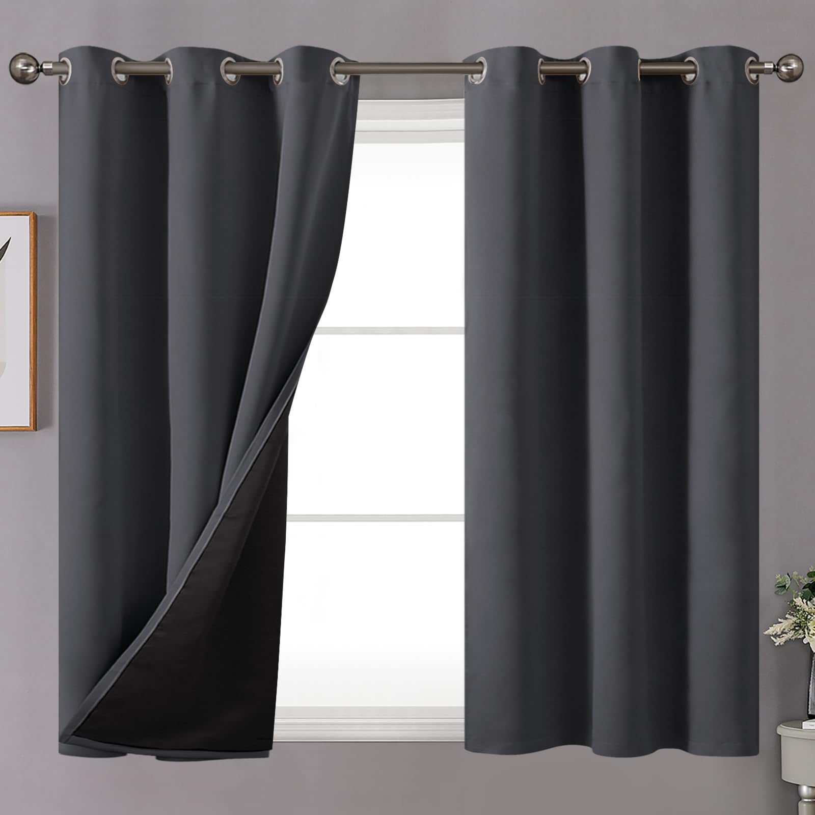 Youngstex Dark Grey Short Blackout Curtains 40 Inch Long For Windows, Grommet Double Layer Darkening Thermal Window Drapes For B