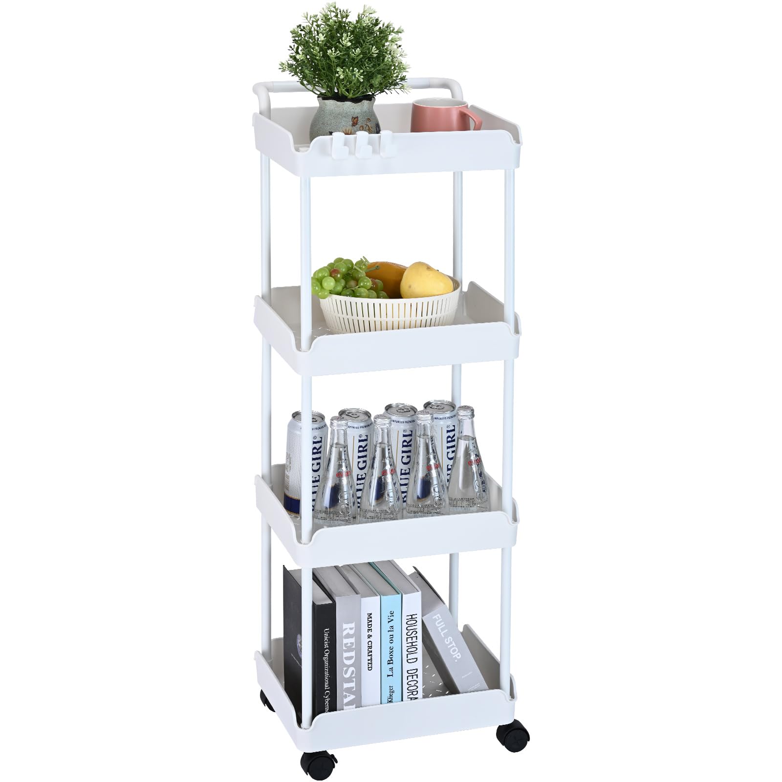 VEVOR 4-Tier Rolling Utility Cart, Kitchen Cart with Lockable Wheels, Multi-Functional Storage Trolley with Handle for Office, L