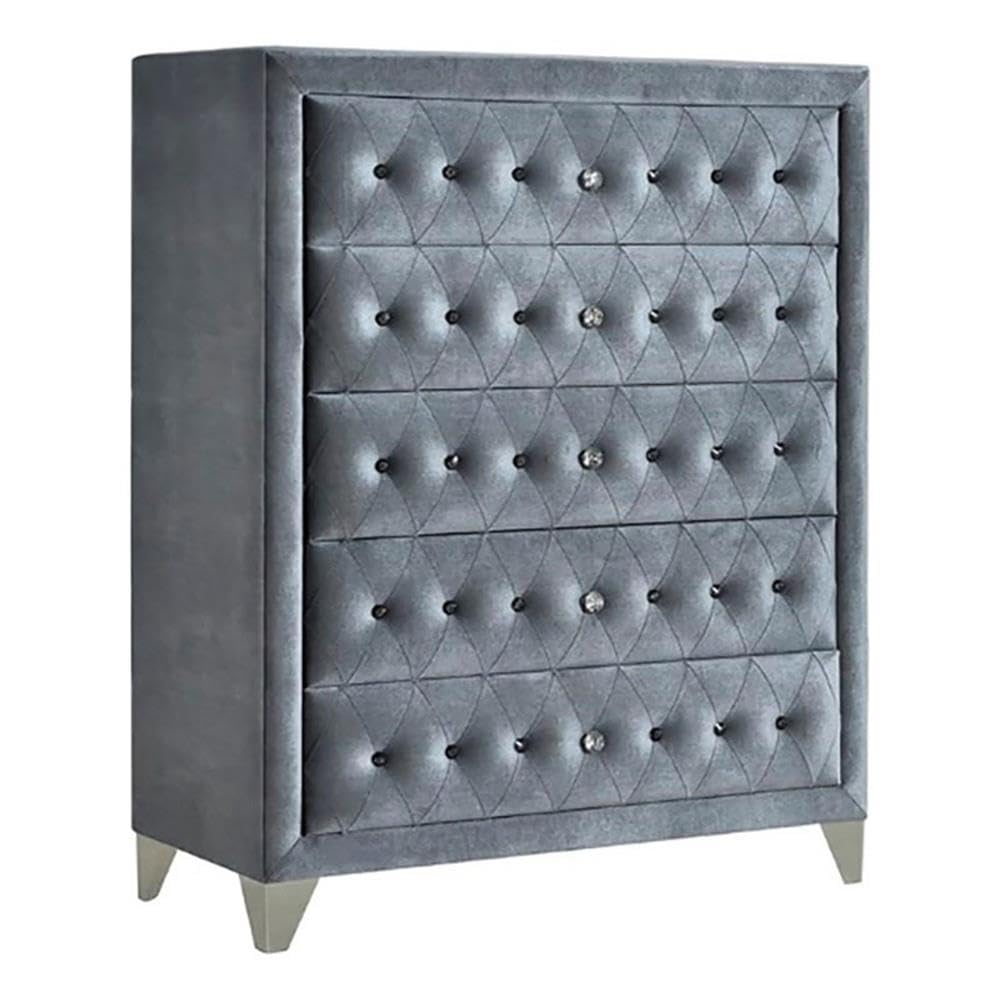 Acme Rectangular Upholstered 5-Drawer Dante Chest in Gray Velvet
