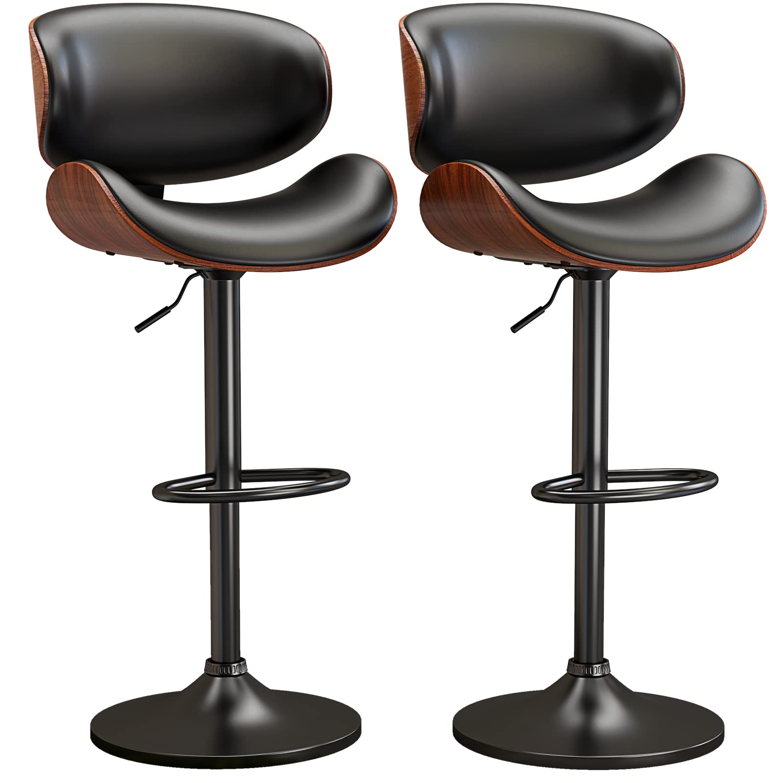 Yafiti Swivel Bar Stools Set Of 2 For Kitchen Counter, Adjustable Bentwood Barstools, Modern Pu Leather Upholstered Bar Chair Wi
