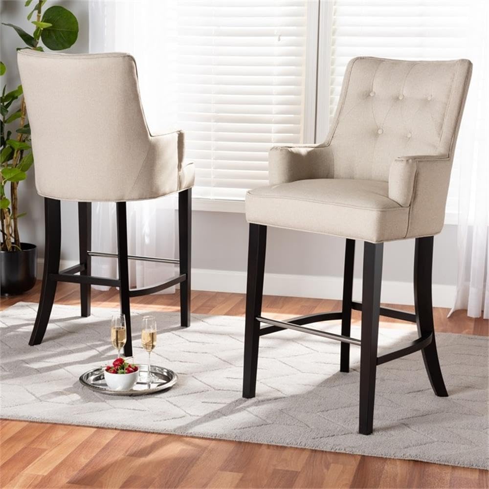 Baxton Studio Aldon Modern and Contemporary Light Beige Fabric Upholstered and Dark Brown Finished Wood 2-Piece Bar Stool Set