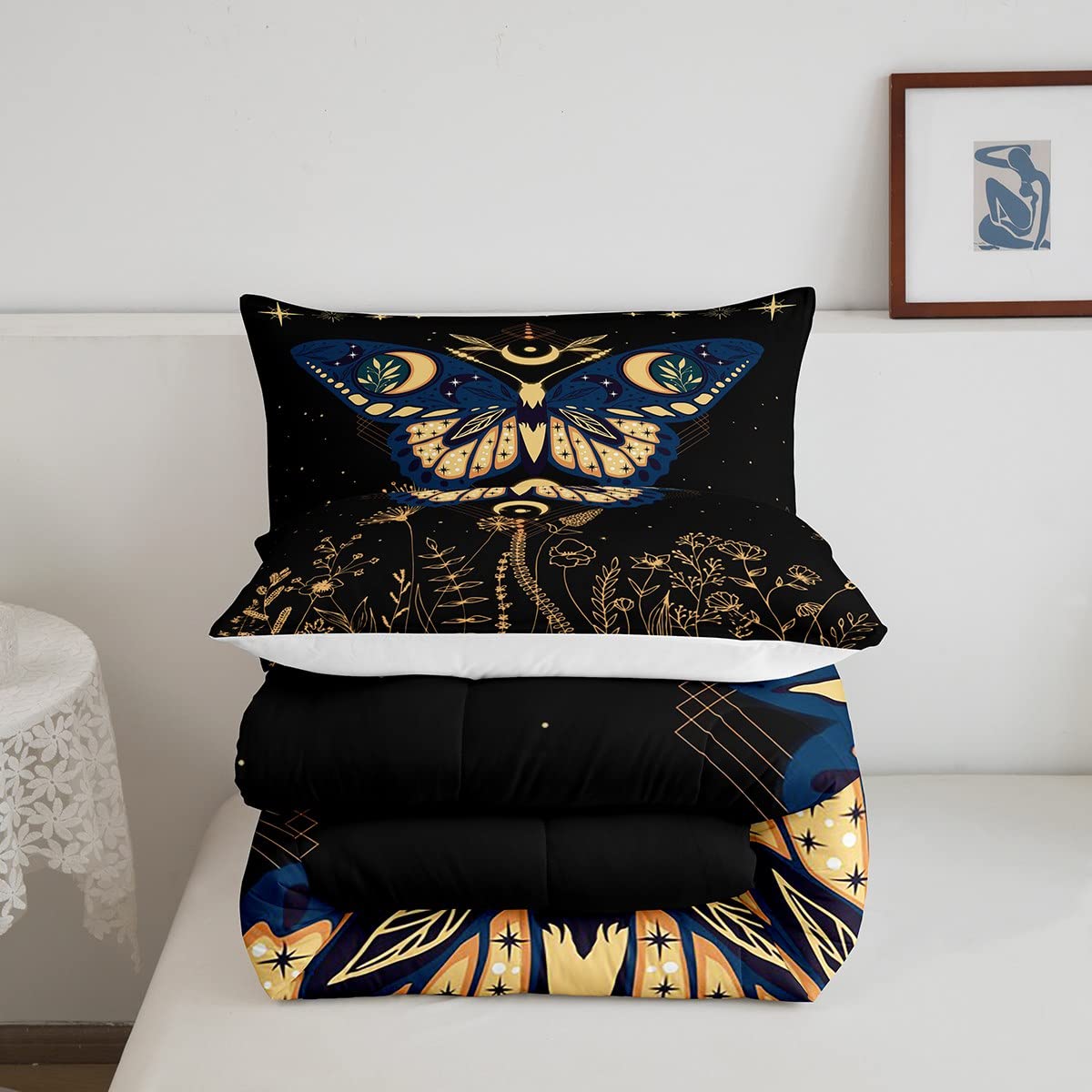 Erosebridal Butterfly Bedding Set Full, Halloween Boho Moth Comforter Set For Adult Women Men 3Pcs,Black Starry Sky Down Comfort