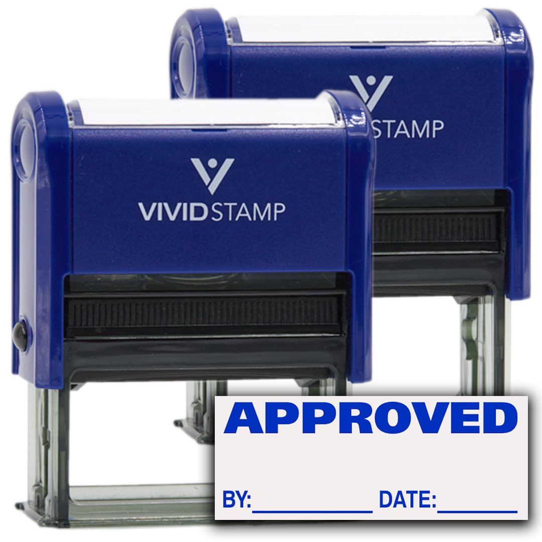 Approved W/By Date Line Self-Inking Office Rubber Stamp (Blue) - Large 2 Pack