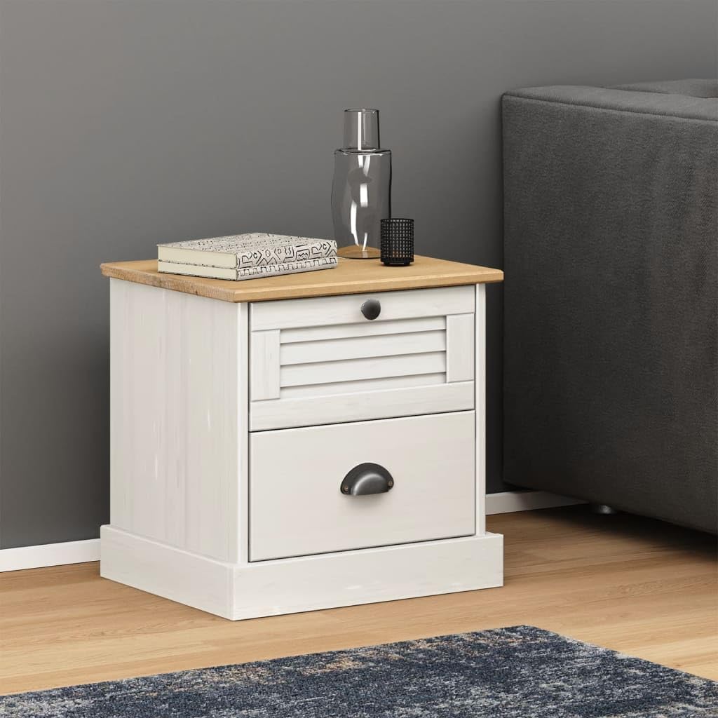 vidaXL VIGO White Bedside Cabinet - Solid Pine Wood Nightstand with Shutter Design, Metal Knobs and Storage Drawers for Bedroom/Living Room