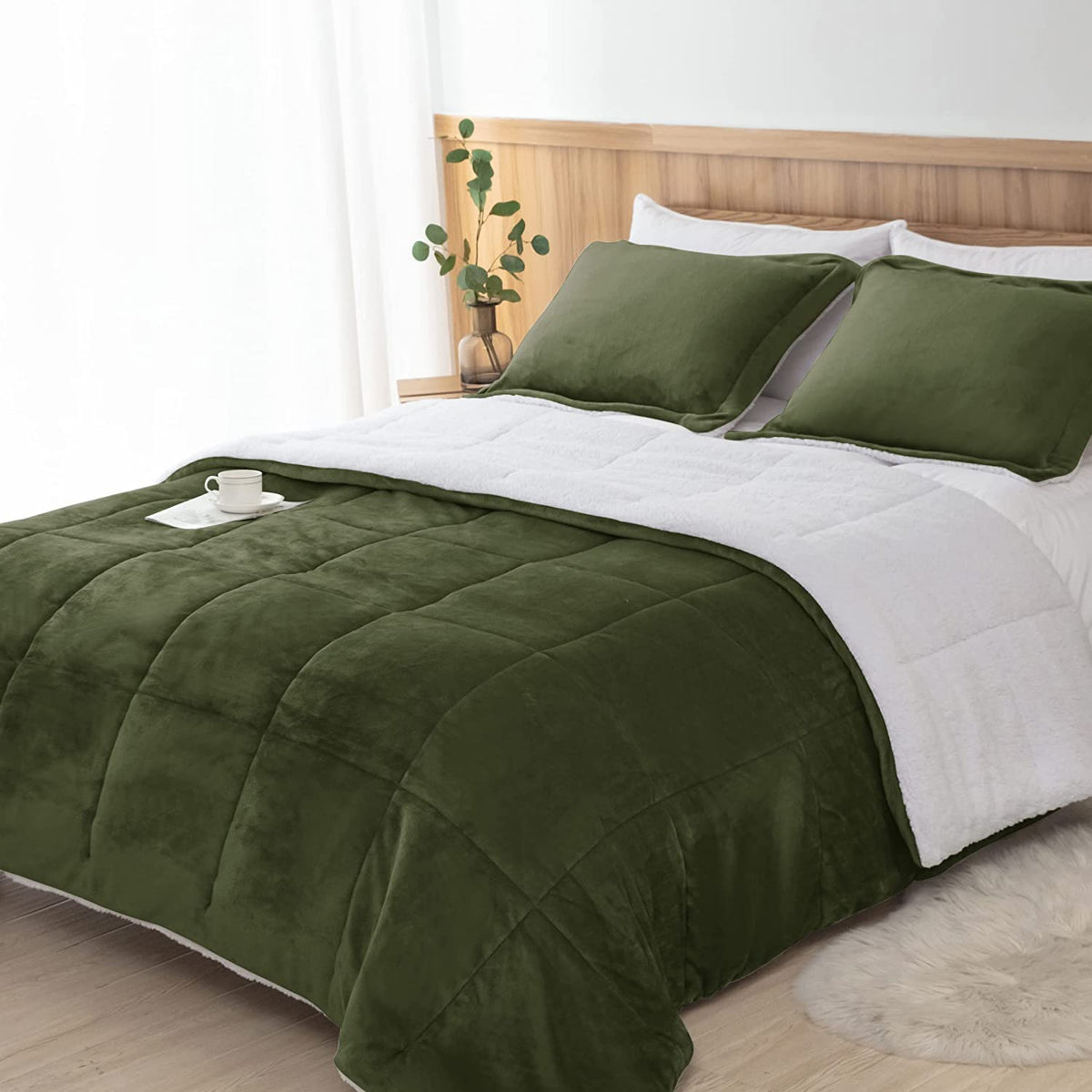 Seward Park Olive Green Sherpa Comforter Set Twin Xl Size, All Season Soft Warm Fleece Blanket, Winter College Dorm Bedding Sets