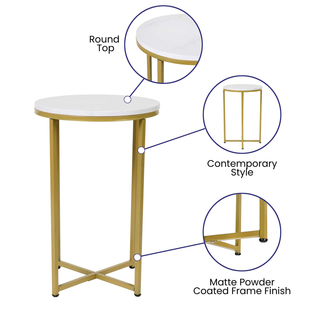 Flash Furniture Hampstead Collection End Table - Modern White Marble Finish End Table - Crisscross Brushed Gold Frame