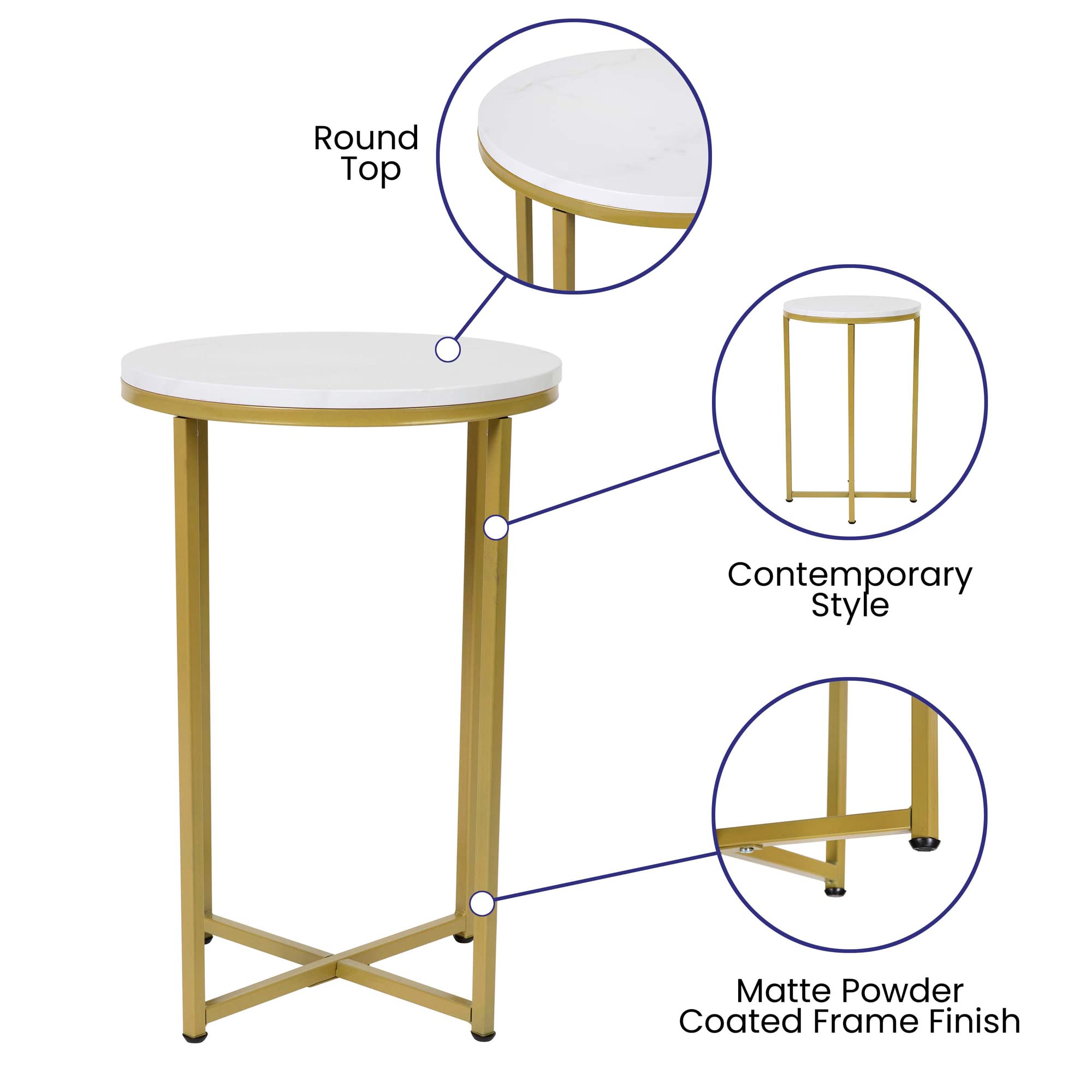 Flash Furniture Hampstead Collection End Table - Modern White Marble Finish End Table - Crisscross Brushed Gold Frame